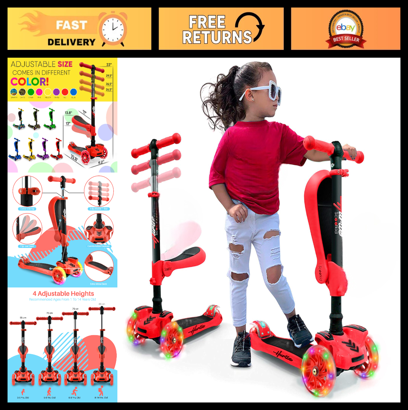 3-Wheeled Kids Scooter with LED Lights, Adjustable Handlebar, Foldable Seat - Si0