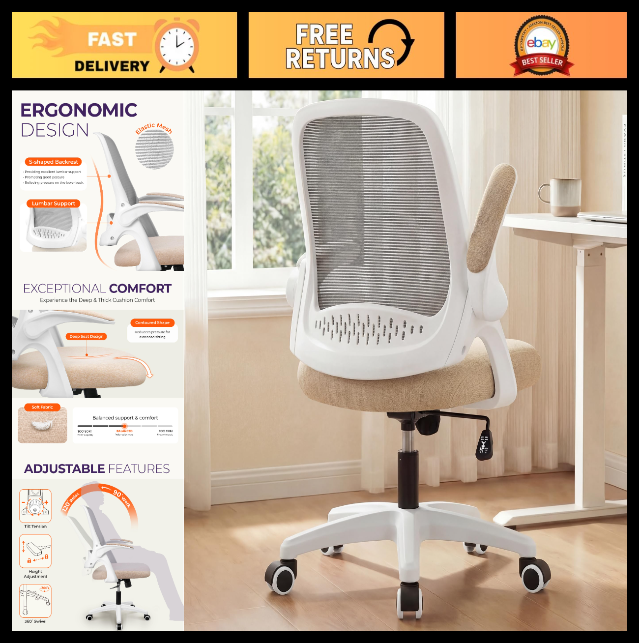 Ergonomic Mesh Office Desk Chair with Flip Up Armrests, Lumbar Support, Height A0