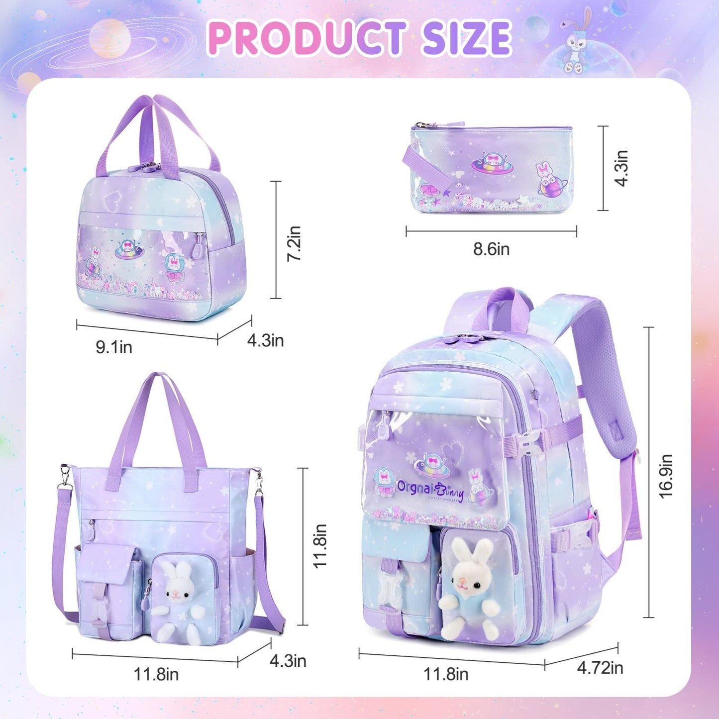 Kawaii Bunny Girls Backpack Set, 4PCS School Bags with Tote, Lunch Box & Pencil2