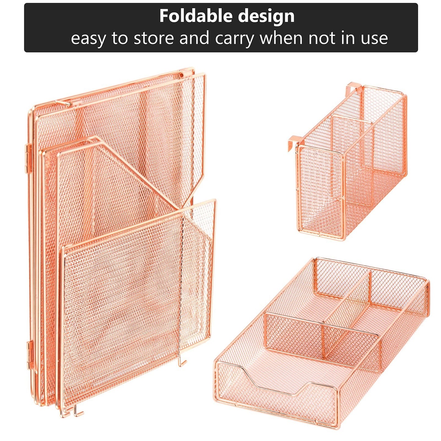 Rose Gold Desk Organizer Caddy with Sliding Drawer, Double Tray & Pen Holder   O4