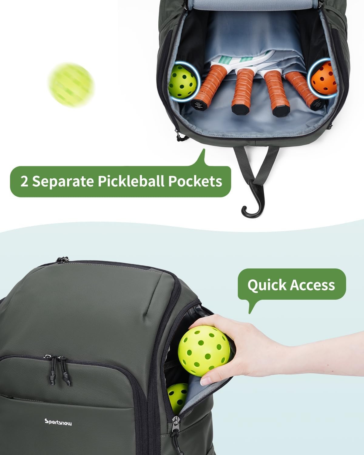 Waterproof Pickleball Bag with Shoe Compartment & Fence Hook | 30L, 2 Pockets, A2