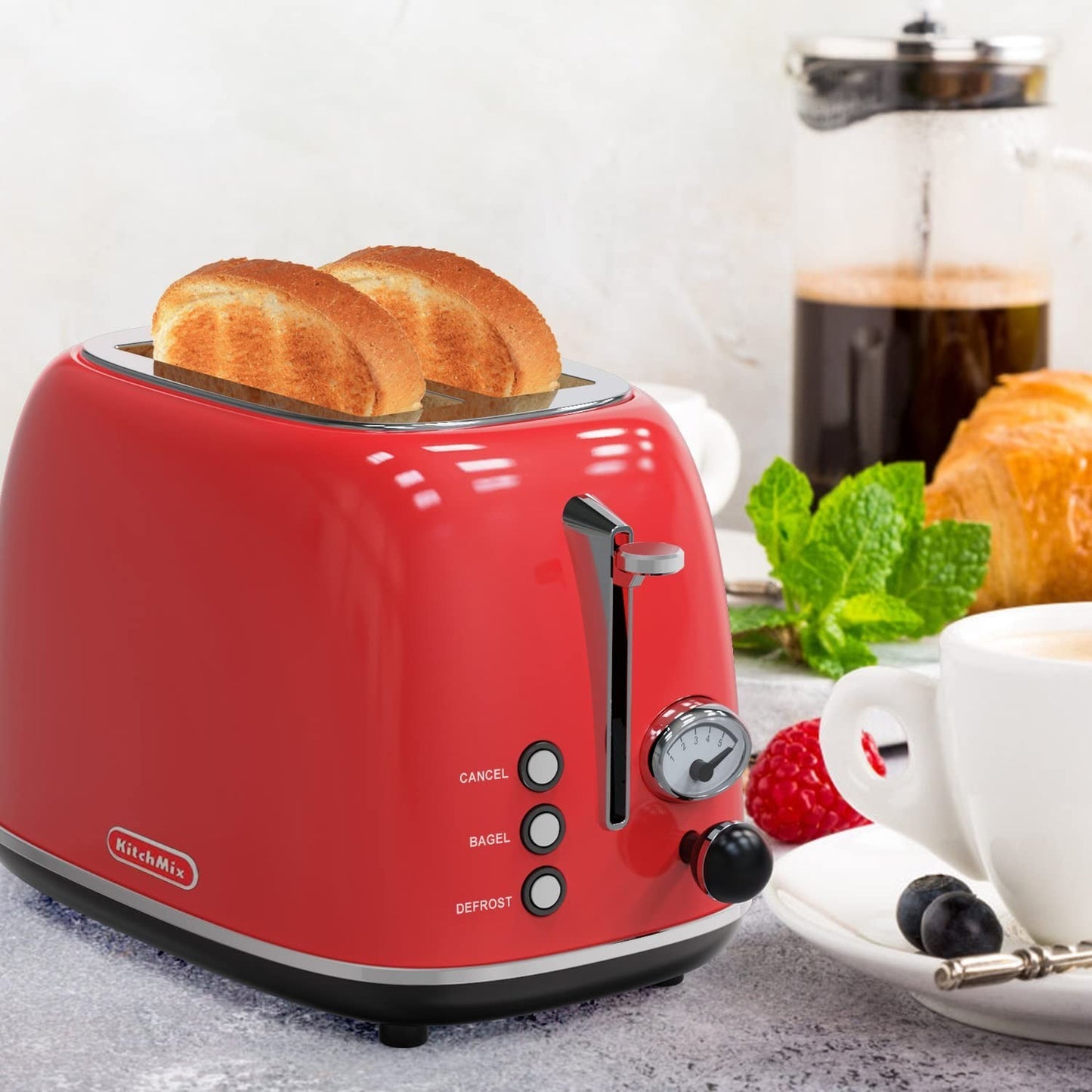 Retro Stainless Steel 2 Slice Toaster, 6 Settings, Extra Wide Slots, Bagel/Defro8