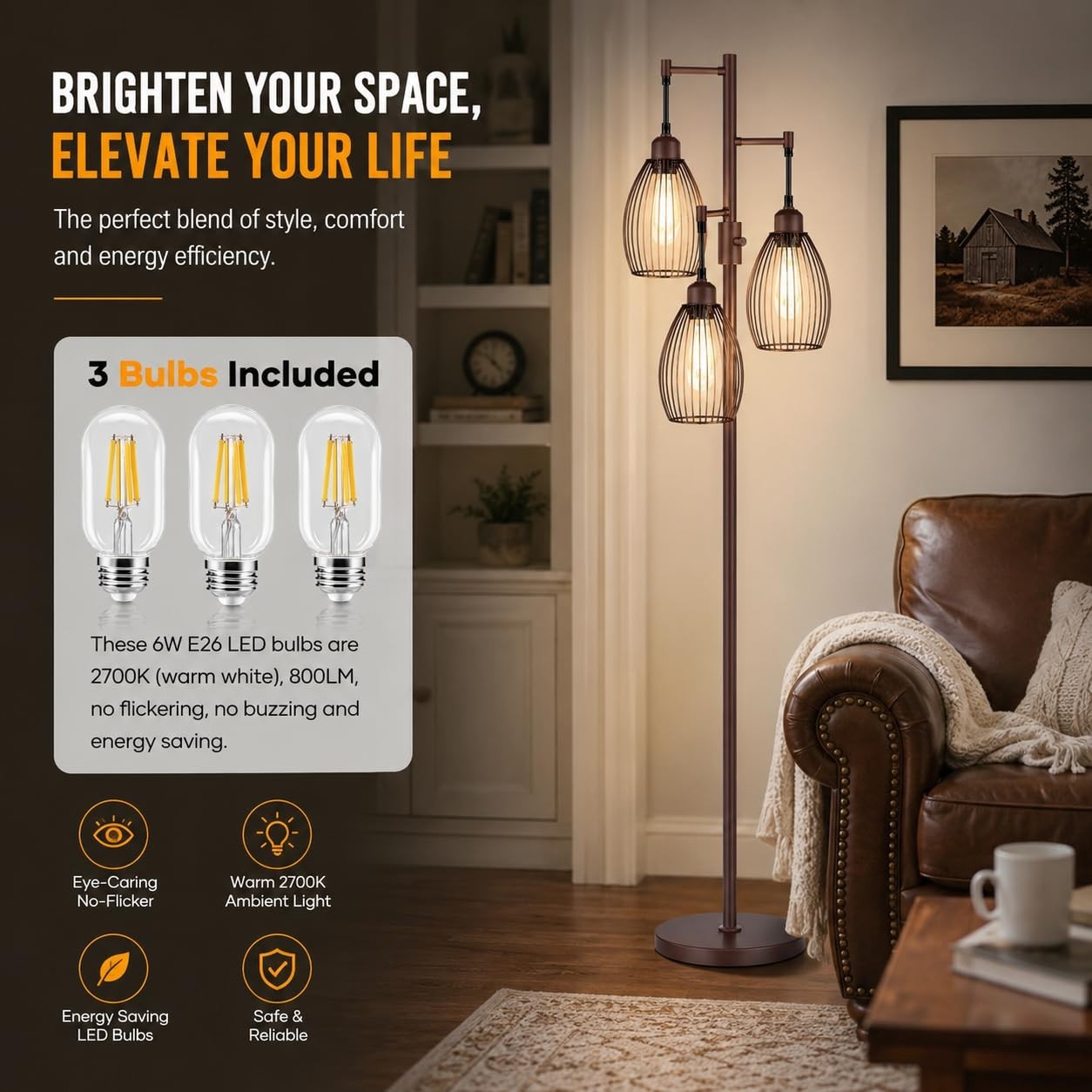Dimmable Floor Lamp with 3 LED Bulbs, Industrial Tree Design for Living Room, Be2