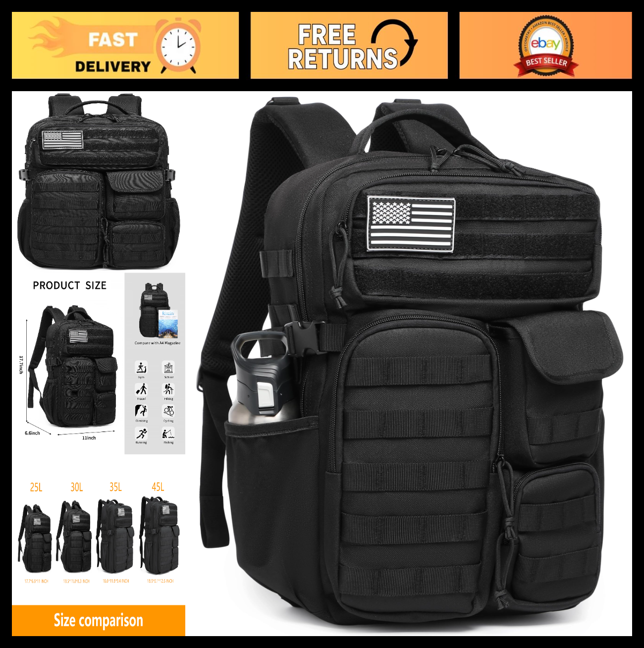 Waterproof Tactical Backpack 25L   Military Outdoor Rucksack with Multiple Pocke0