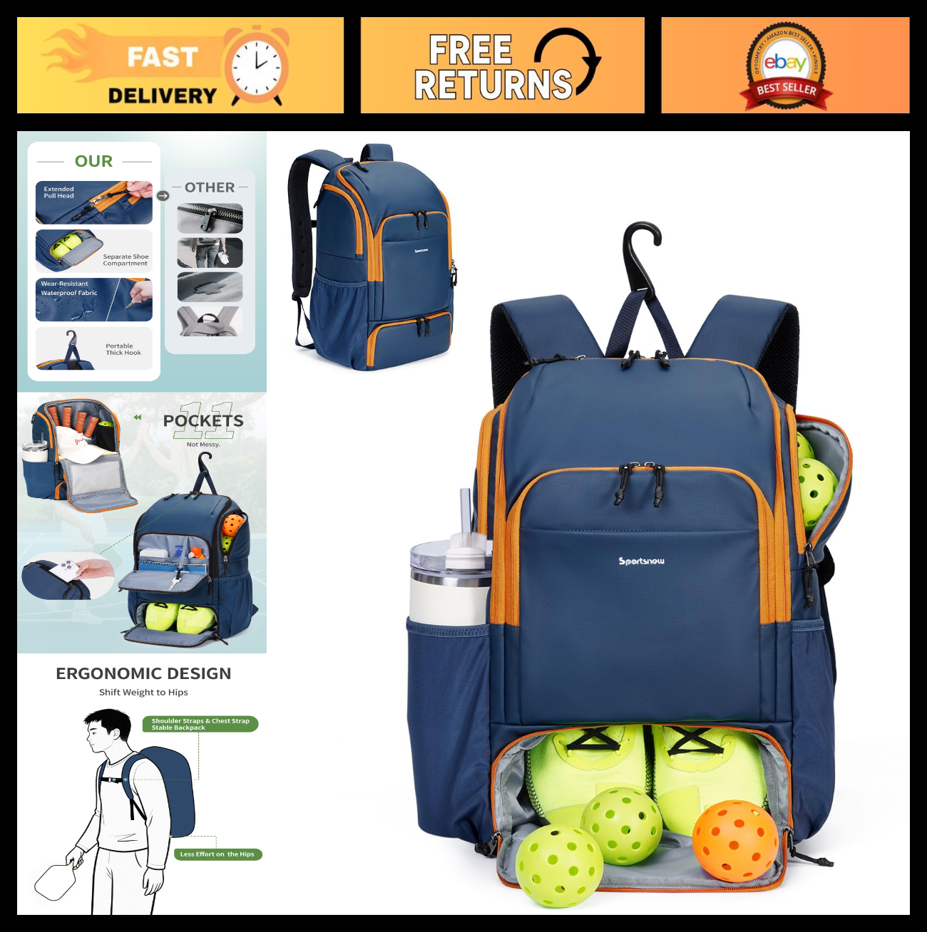 Waterproof Pickleball Bag with Shoe Compartment & Fence Hook | 30L, 2 Pockets, A0