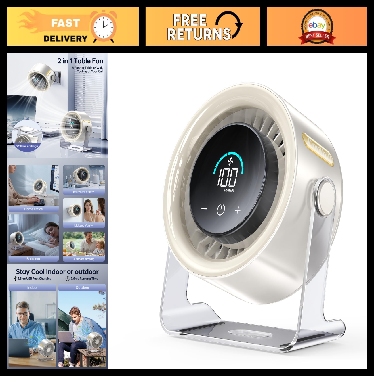 Rechargeable Cordless Wall Fan   100 Speeds, Quiet, 120° Tilt, Portable Desk Fan0