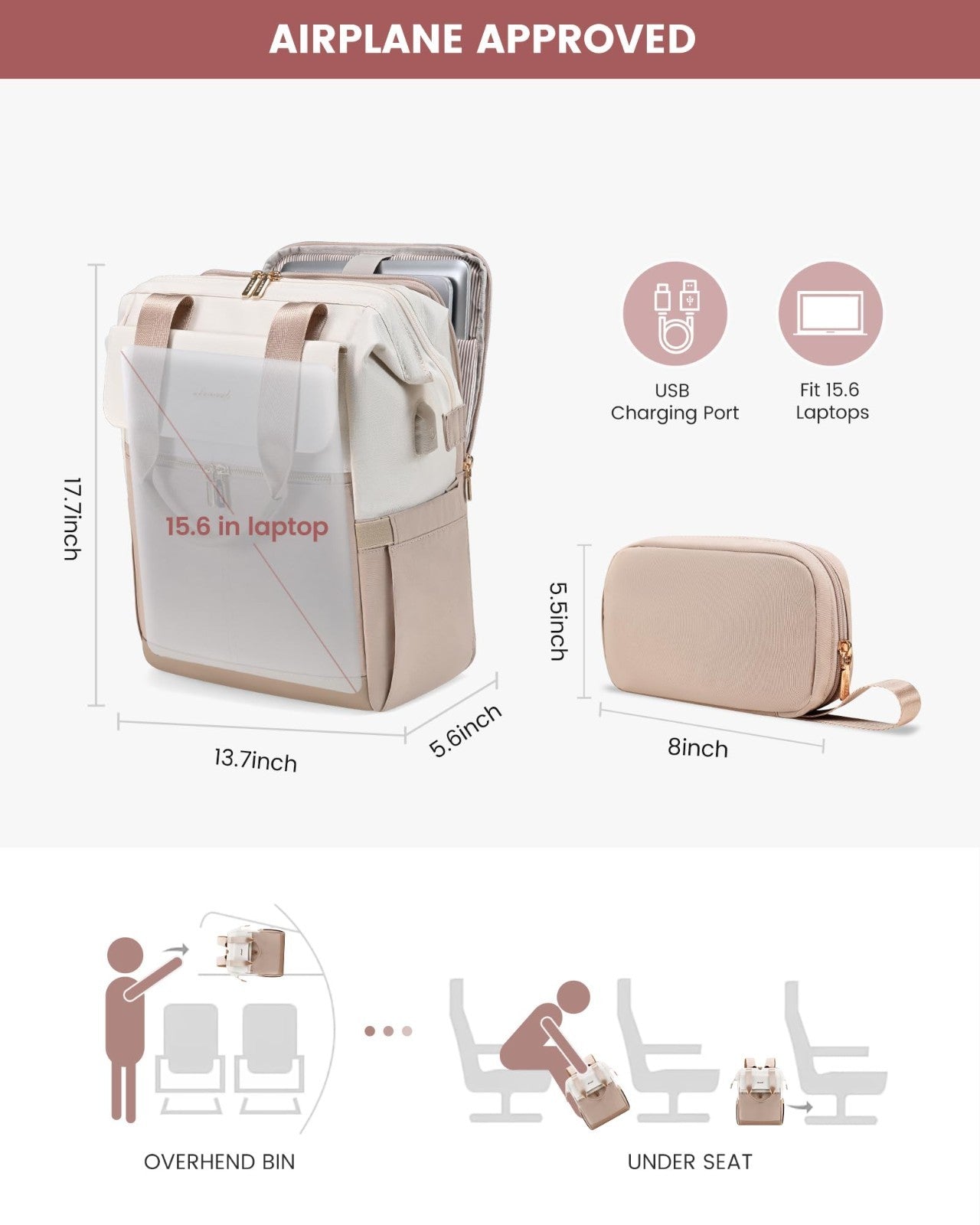 Stylish 15.6" Laptop Backpack for Women, USB Port, Waterproof, Tumbler Holder, B3