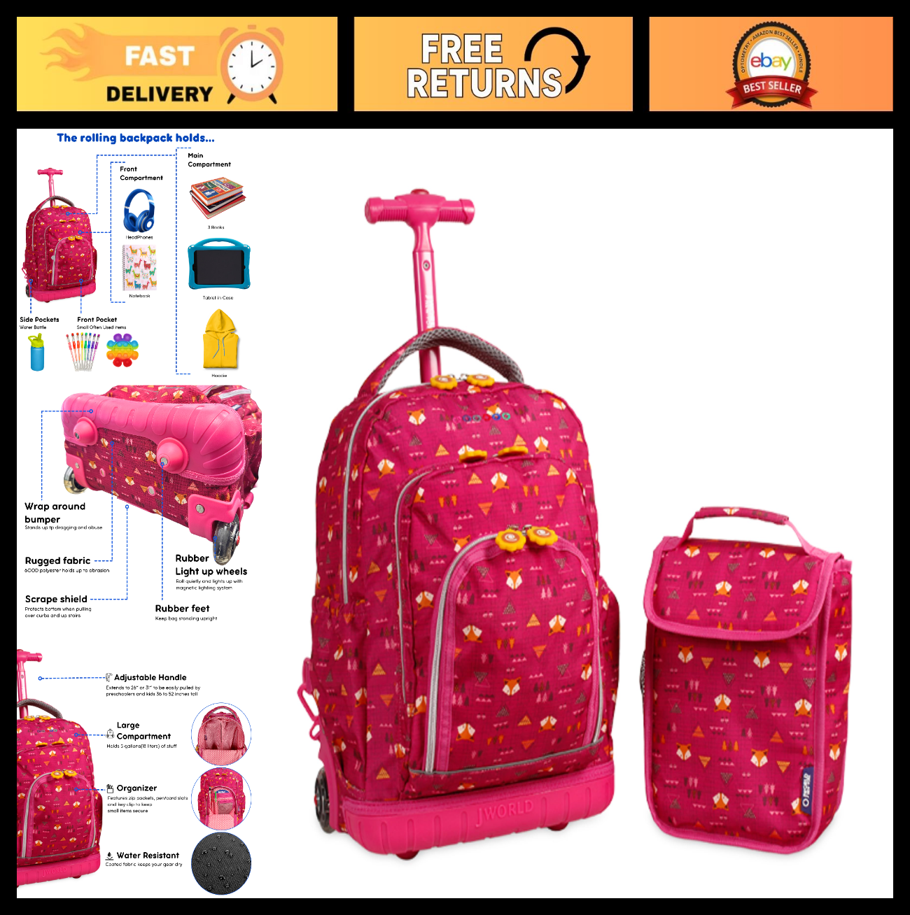 Kids Rolling Backpack & Lunch Bag Set   Elementary School Carry On Suitcase with0