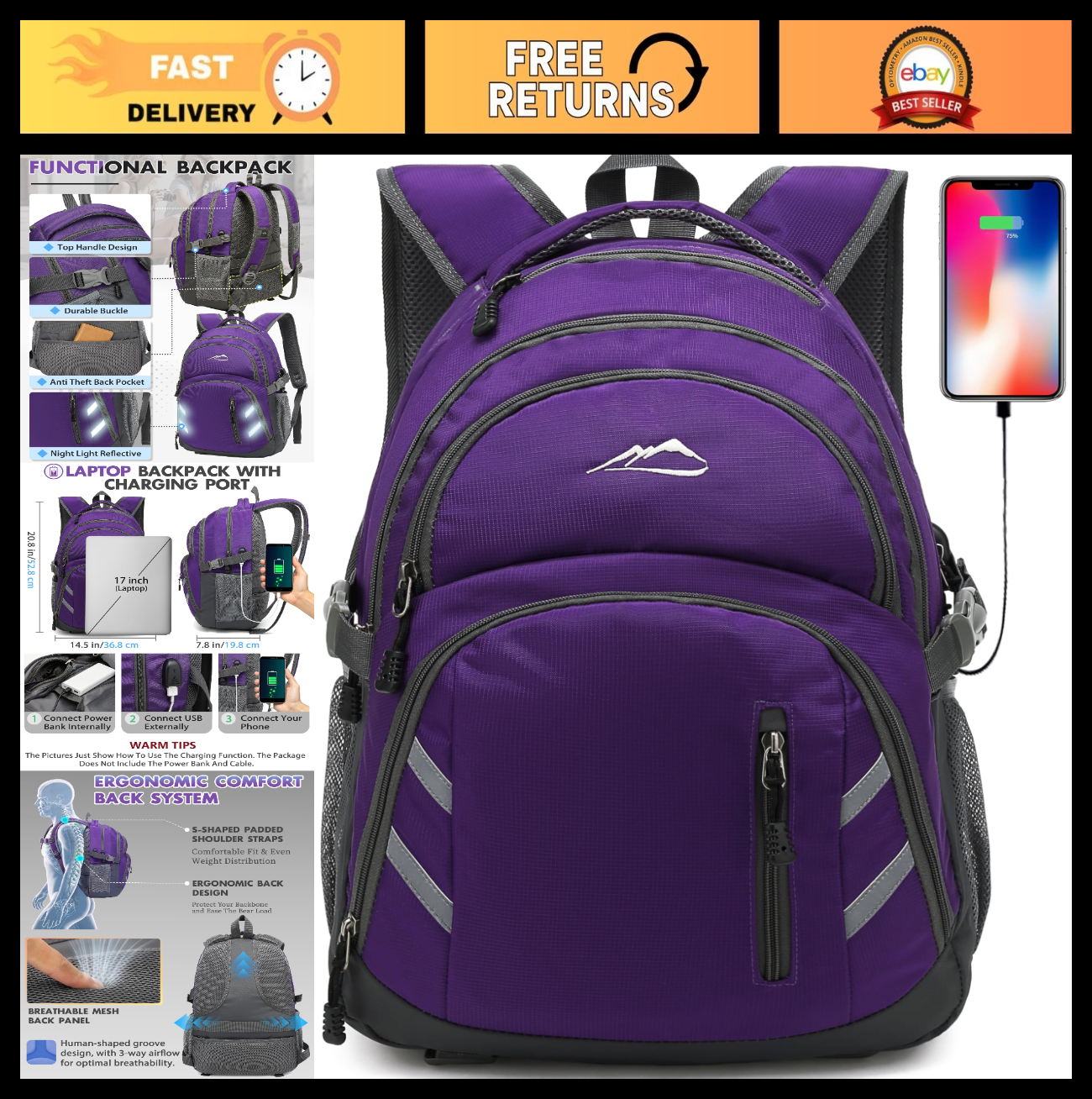 Extra Large College Laptop Backpack, 17" USB Charging, Multi Compartment, Anti T0
