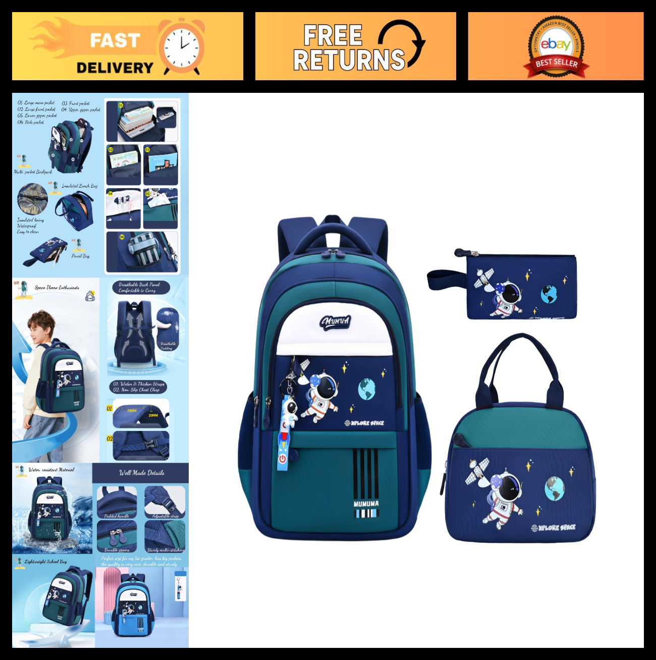 3pcs Boys Lightweight Astronaut Backpack & Lunch Box Set for School, Green0
