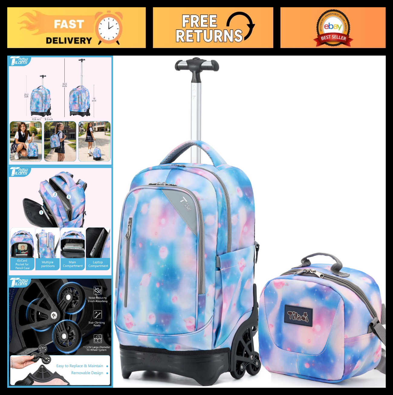 18 Inch Rolling Backpack with Lunch Bag for Kids   School Travel Bag, Durable &0