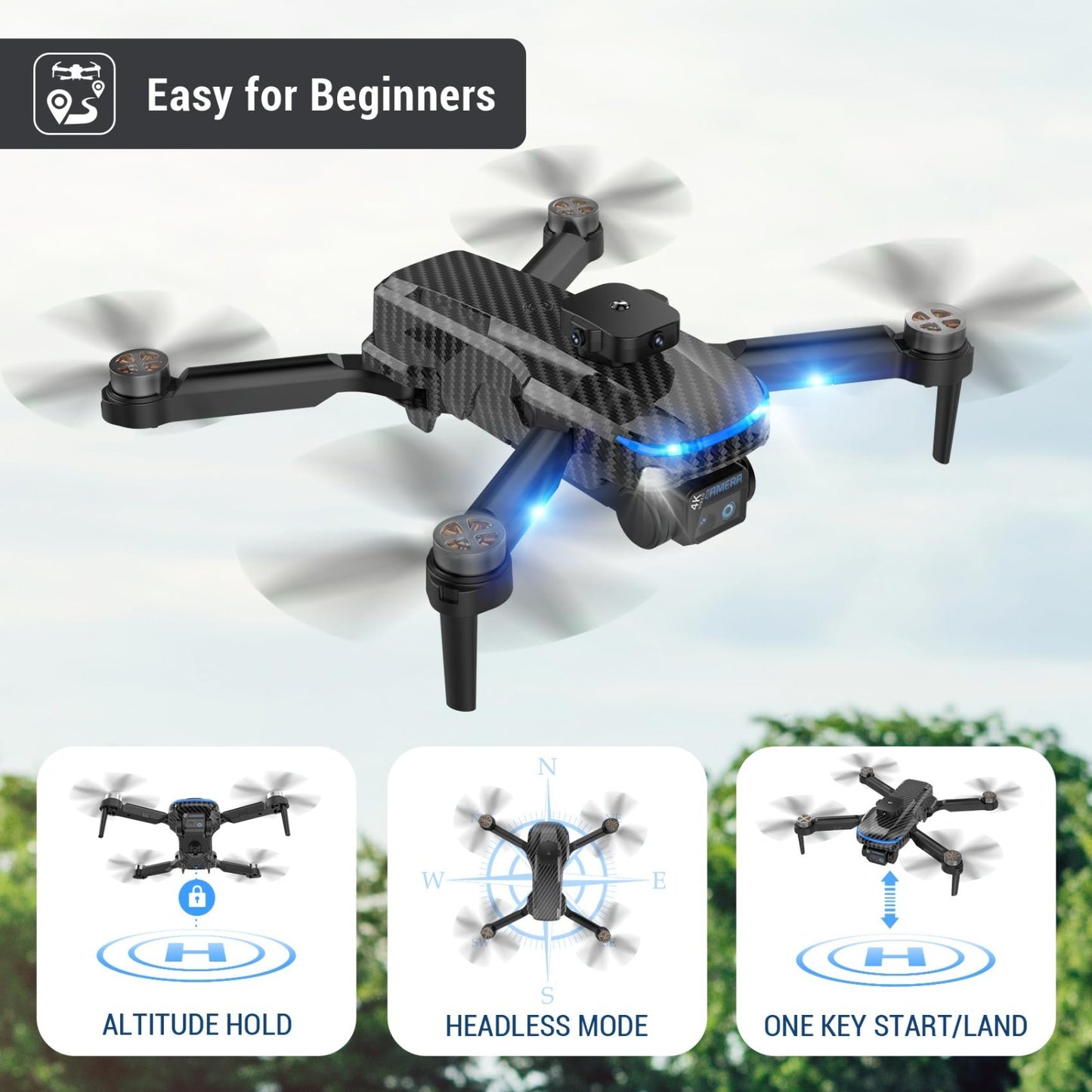 4K HD Camera Drone with 2 Batteries, One Button Return, Headless Mode, 360° Flip3