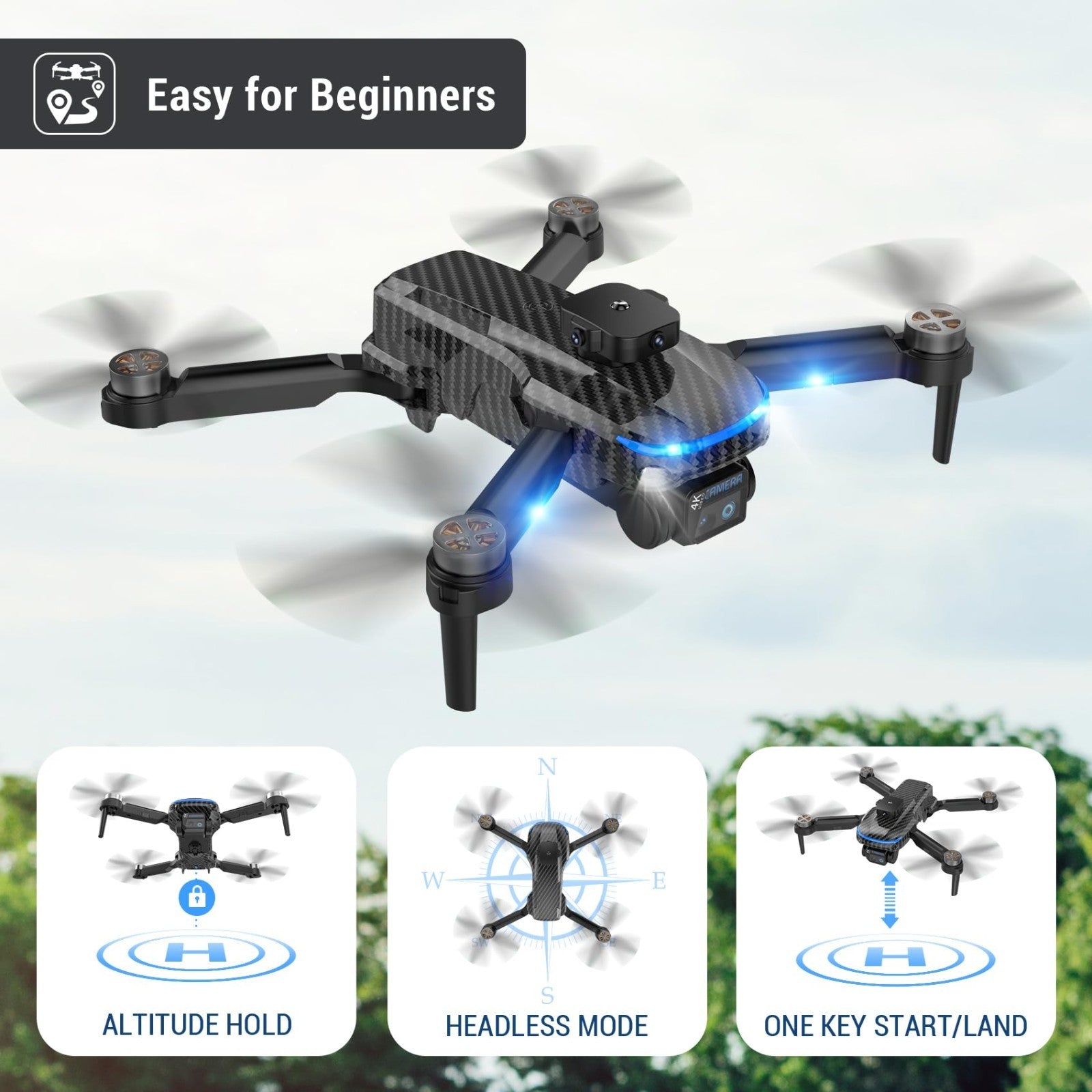 4K HD Camera Drone with 2 Batteries, One Button Return, Headless Mode, 360° Flip3