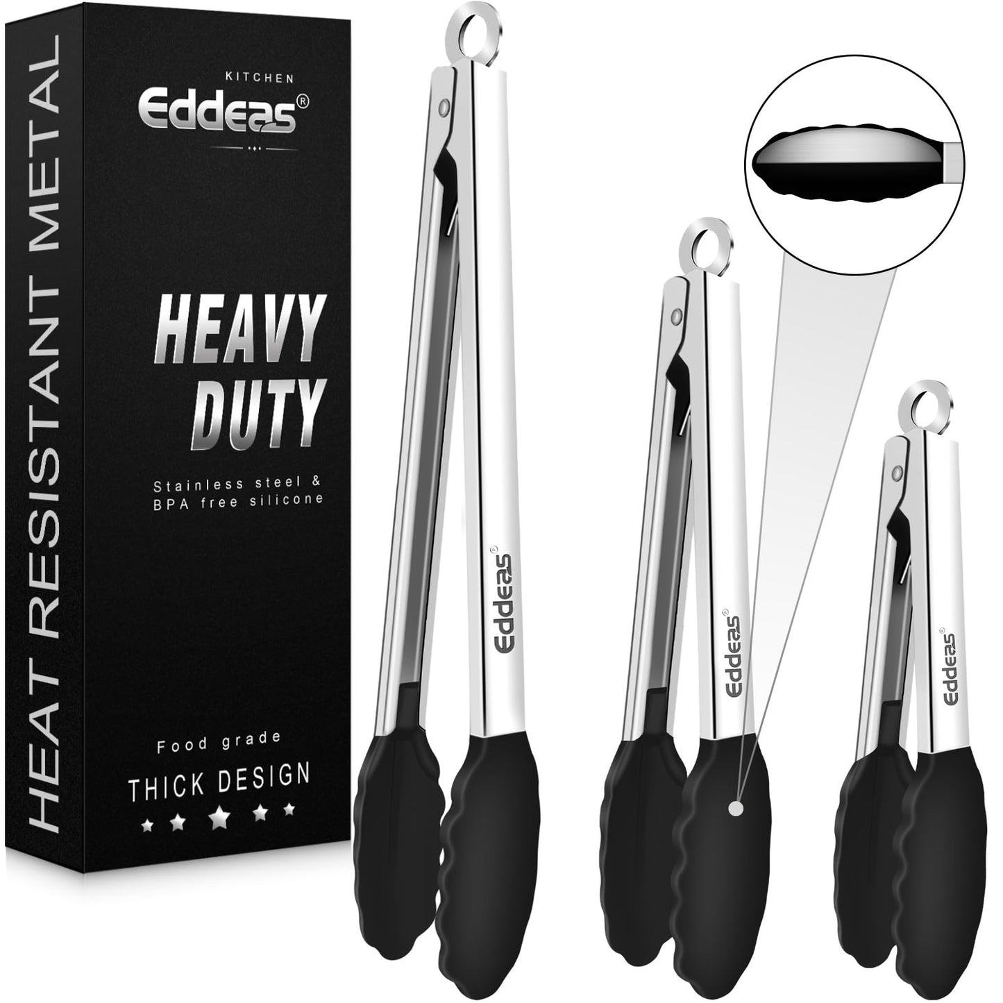 Heat Resistant Kitchen Tongs Set   Silicone Tips, Locking, Stainless Steel, 3 Si1