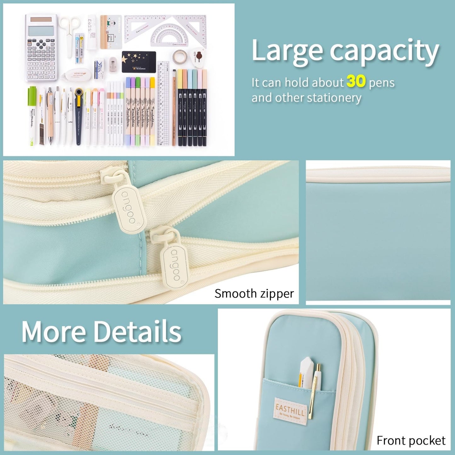 Large Capacity Pencil Case   Big Pencil Pouch for Stationery & Pens   Blue for T3
