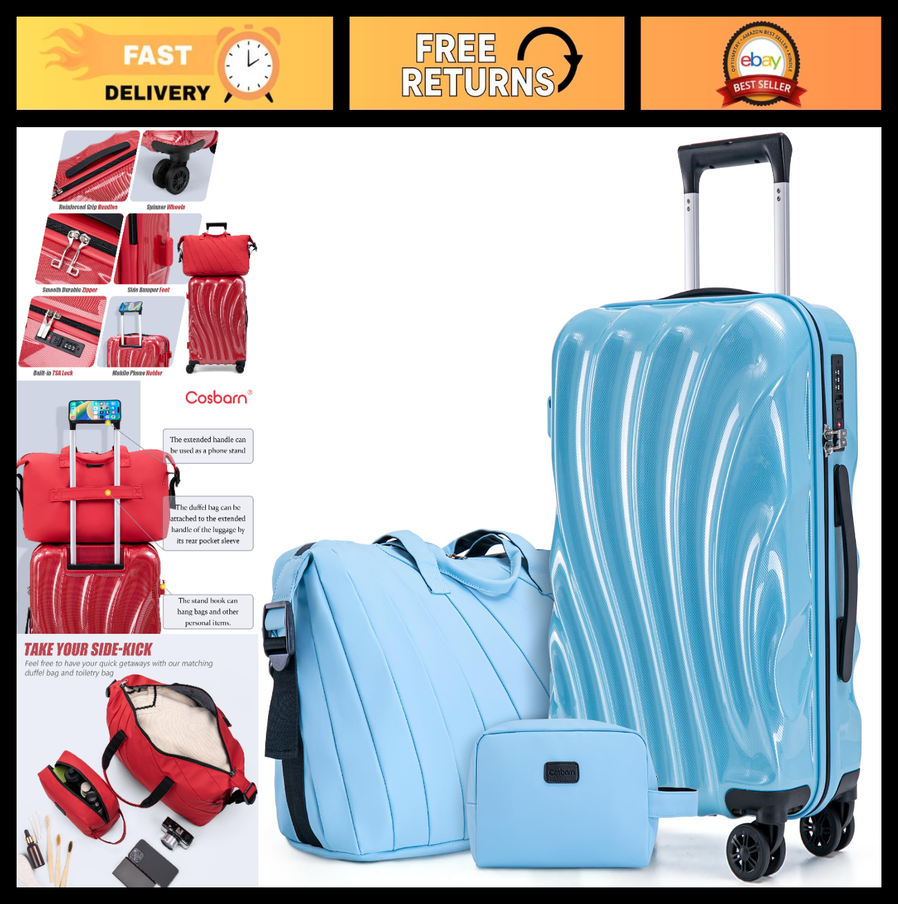 3 Piece Hardshell Luggage Set with Wheels, Lightweight Carry-On Suitcases, TSA L0