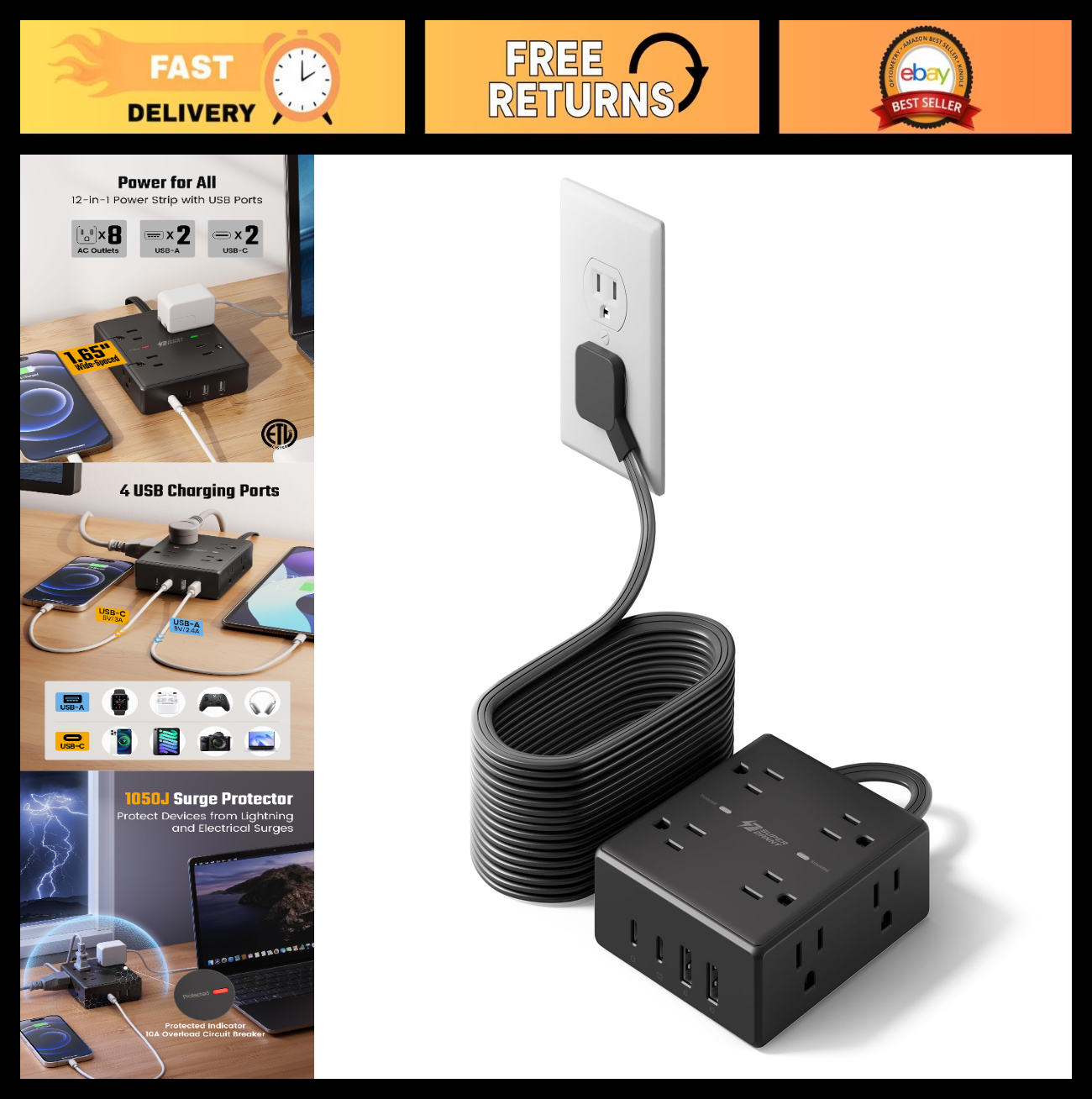 20FT Extension Cord with Flat Plug, Surge Protector Power Strip, 6 Outlets0