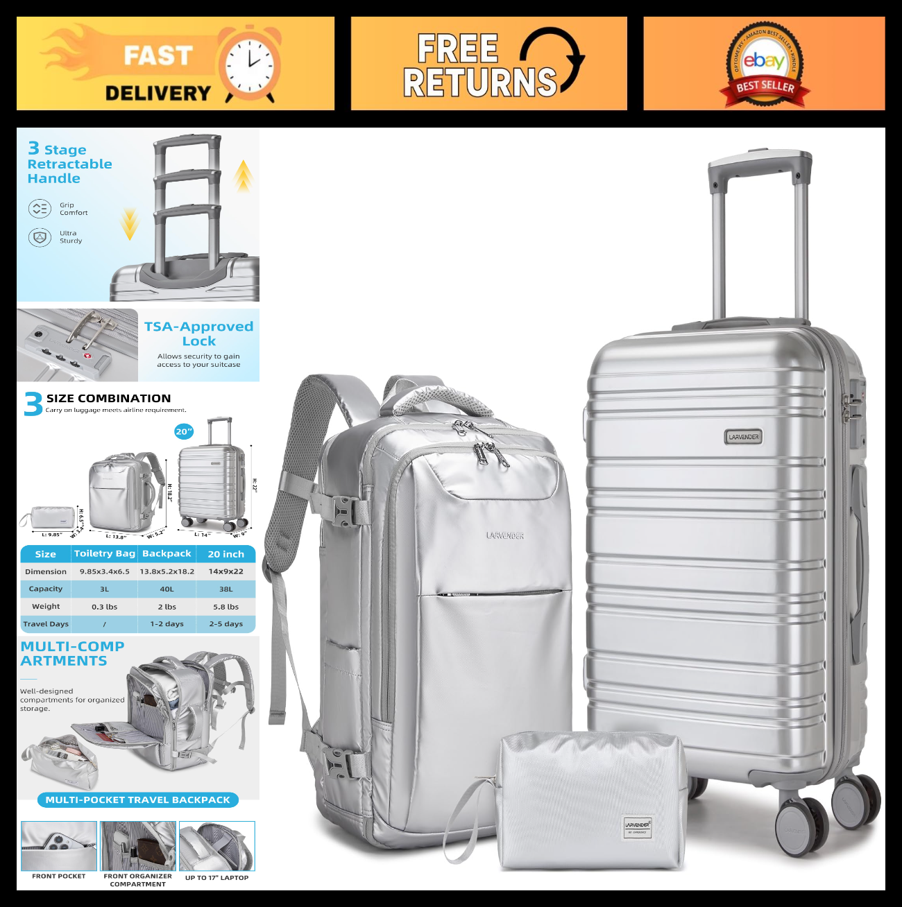3-Piece Carry-On Luggage Set - 20" Hardshell Suitcases, TSA Lock, 360° Wheels, X0