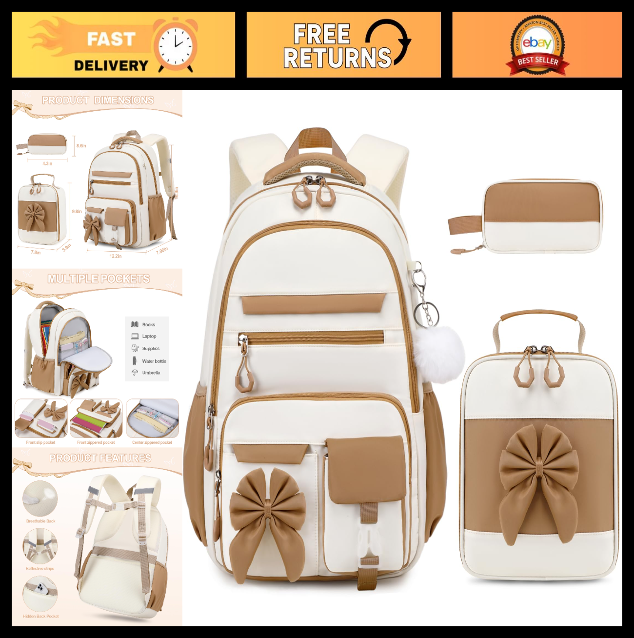 Cute Girls Backpack Set with Lunch Bag & Pencil Case   Stylish School Bag for Ki0