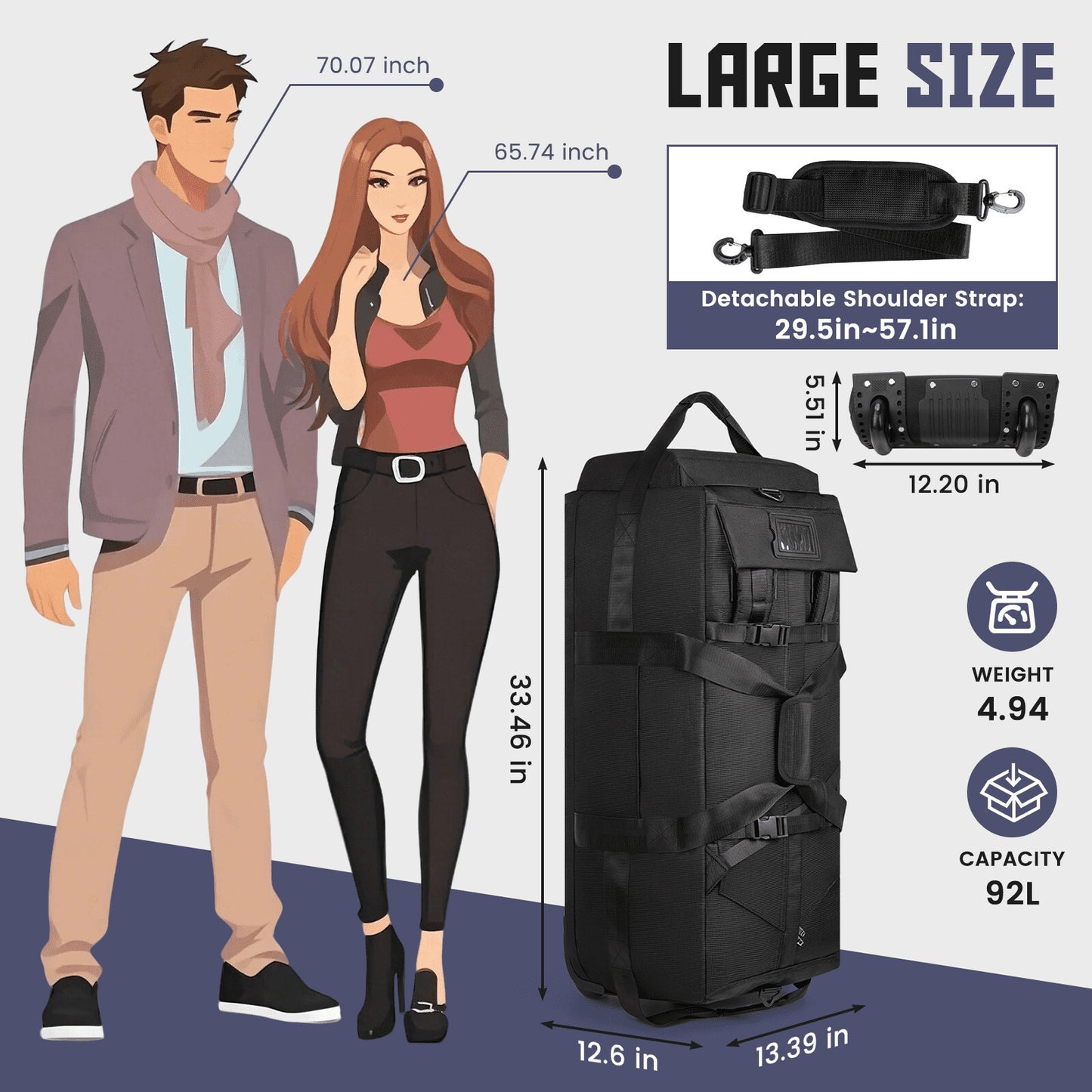 90L Foldable Rolling Duffel Bag Wheels Waterproof Travel Black