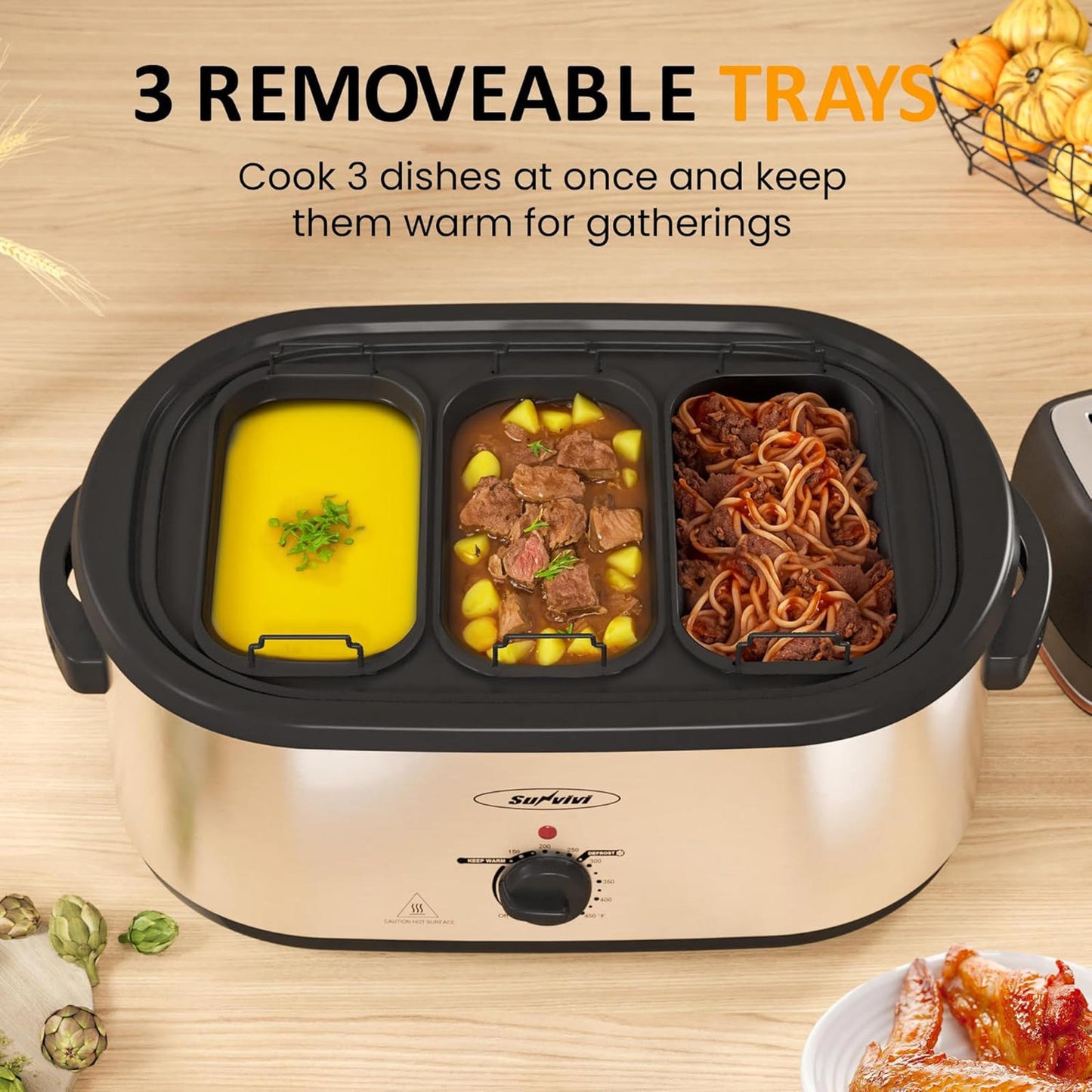 Electric Roaster Oven, Roaster with Removable 3-Bin Buffet Server, 20 QT Turkey