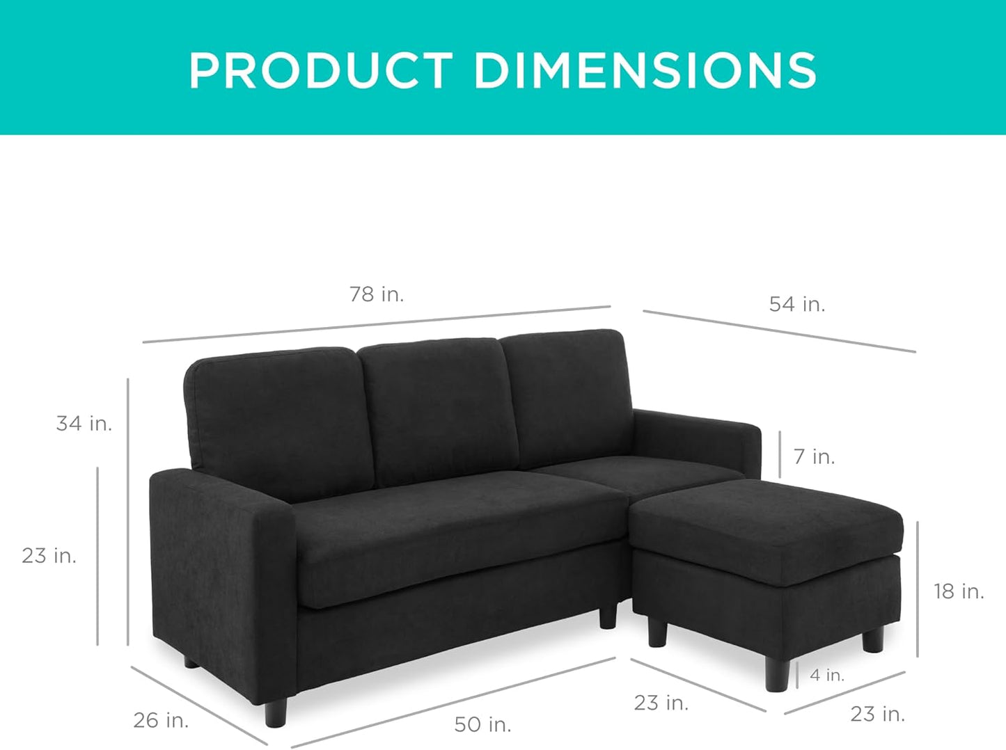 Upholstered Sectional Sofa for Home, Apartment, Dorm, Bonus Room, Compact Spaces W/Chaise Lounge, 3-Seat, L-Shape Design, Reversible Ottoman Bench, 680Lb Capacity - Black or Blue