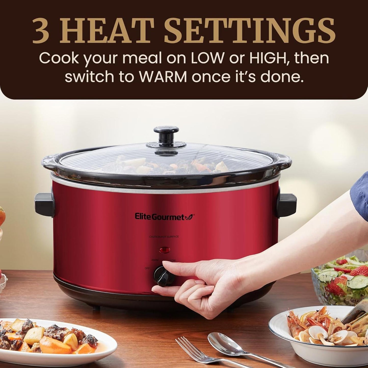 8.5Qt Electric Ceramic XL Slow Cooker Metallic Red Dishwasher Safe Glass Lid