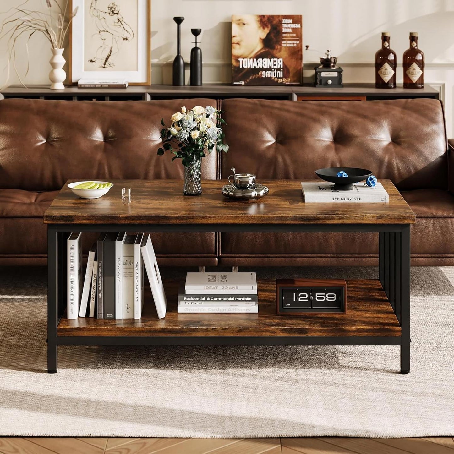 Modern Farmhouse Coffee Table 39" with 2-Tier Storage, Rustic Brown