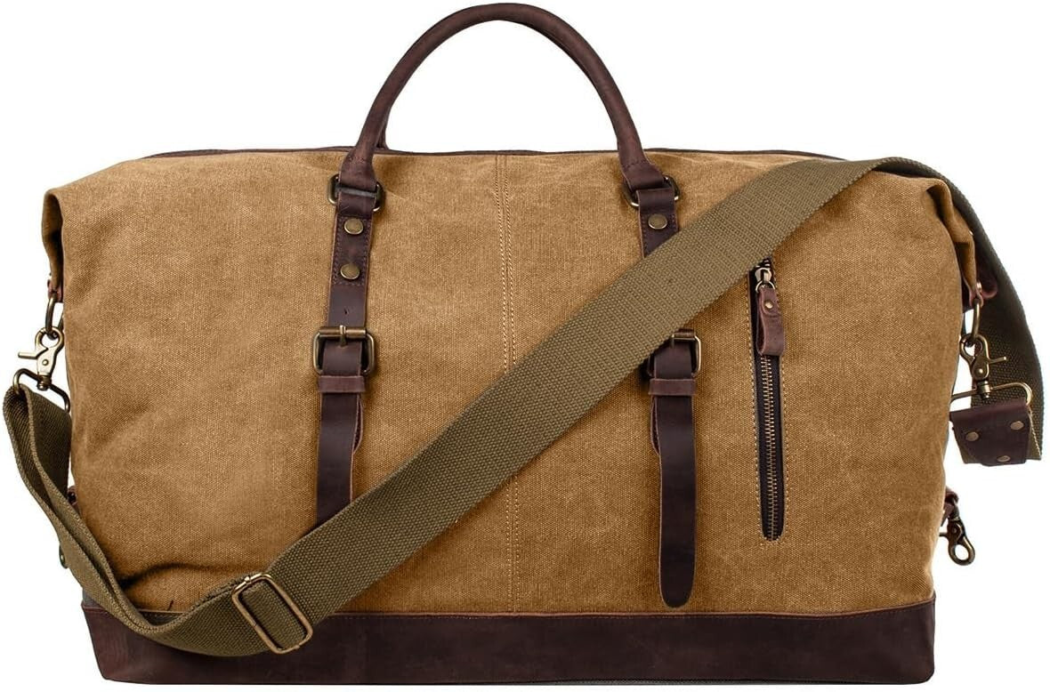 Canvas Travel Duffel Bag Leather Trim Carry On Weekender