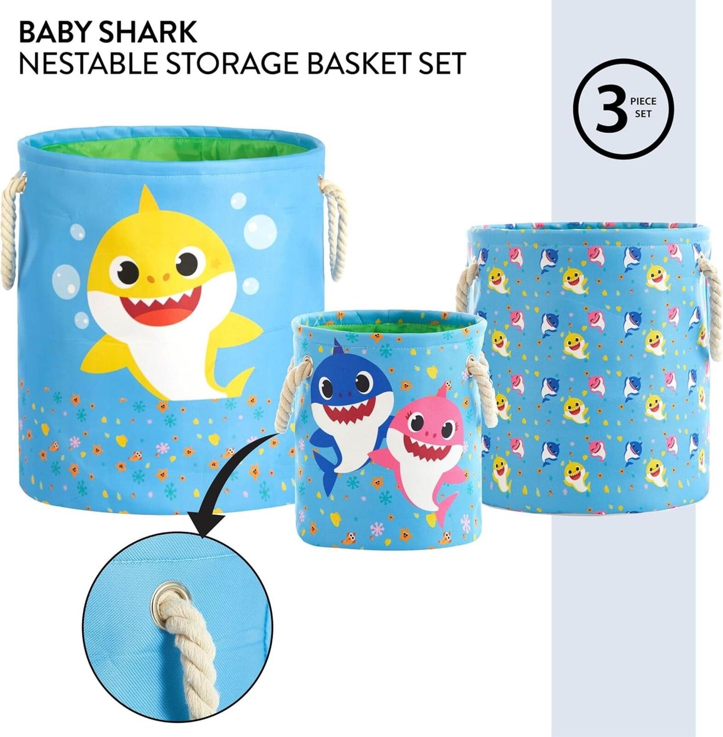 Baby Shark 3-Piece Nestable Toy Storage Baskets Multi-Size Fabric w/ Handles
