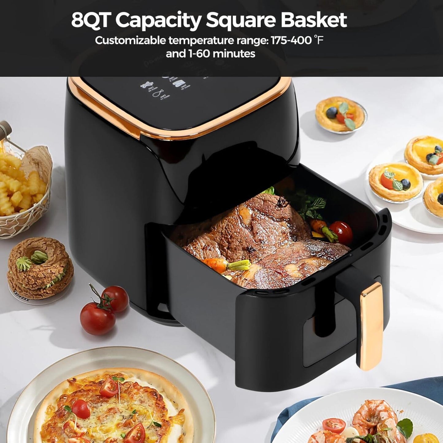 8Qt Large Air Fryer Digital Touch 8 Presets Nonstick Dishwasher Safe Black