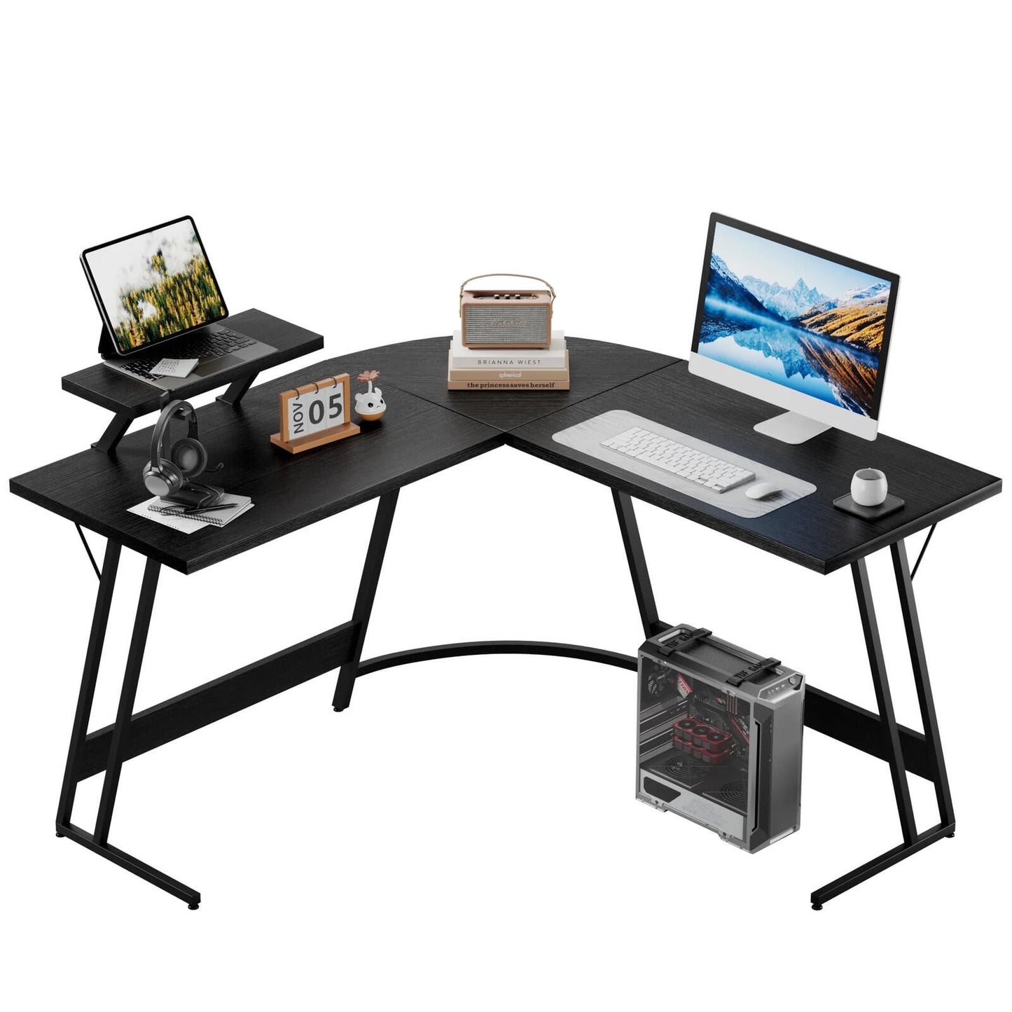 51" L-Shaped Gaming Desk Corner Office with Removable Monitor Riser Black
