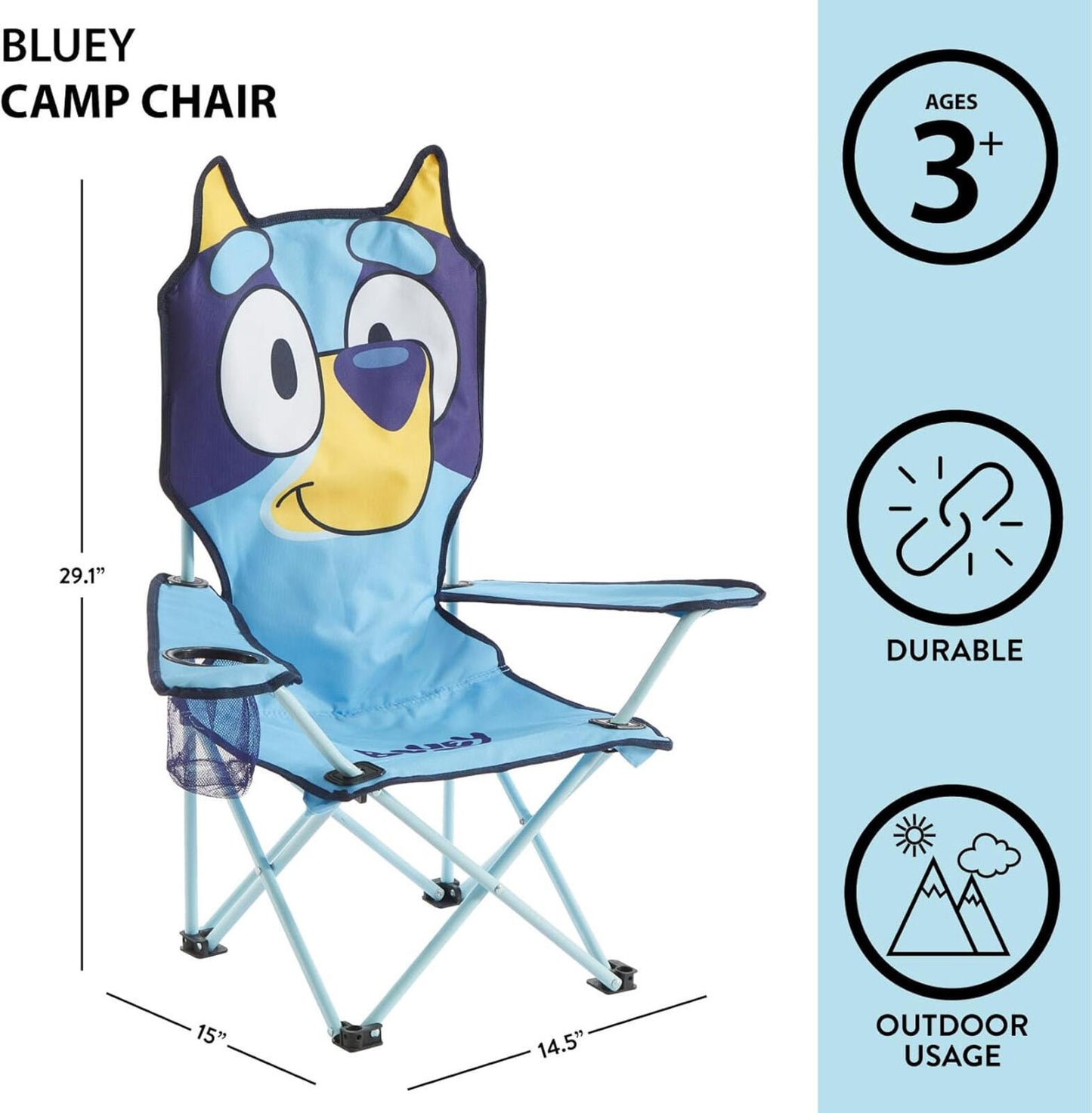 Blue Kids Folding Camp Chair Portable Indoor Outdoor High Back Cup Holder 3+