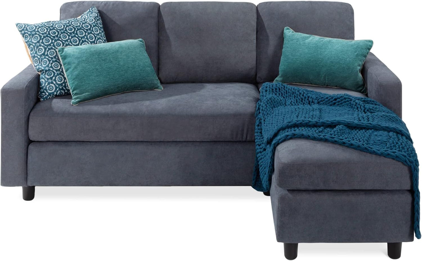 Upholstered Sectional Sofa for Home, Apartment, Dorm, Bonus Room, Compact Spaces W/Chaise Lounge, 3-Seat, L-Shape Design, Reversible Ottoman Bench, 680Lb Capacity - Black or Blue