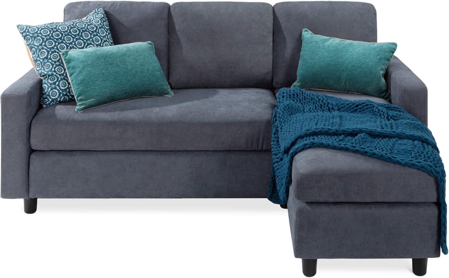 Upholstered Sectional Sofa for Home, Apartment, Dorm, Bonus Room, Compact Spaces W/Chaise Lounge, 3-Seat, L-Shape Design, Reversible Ottoman Bench, 680Lb Capacity - Black or Blue
