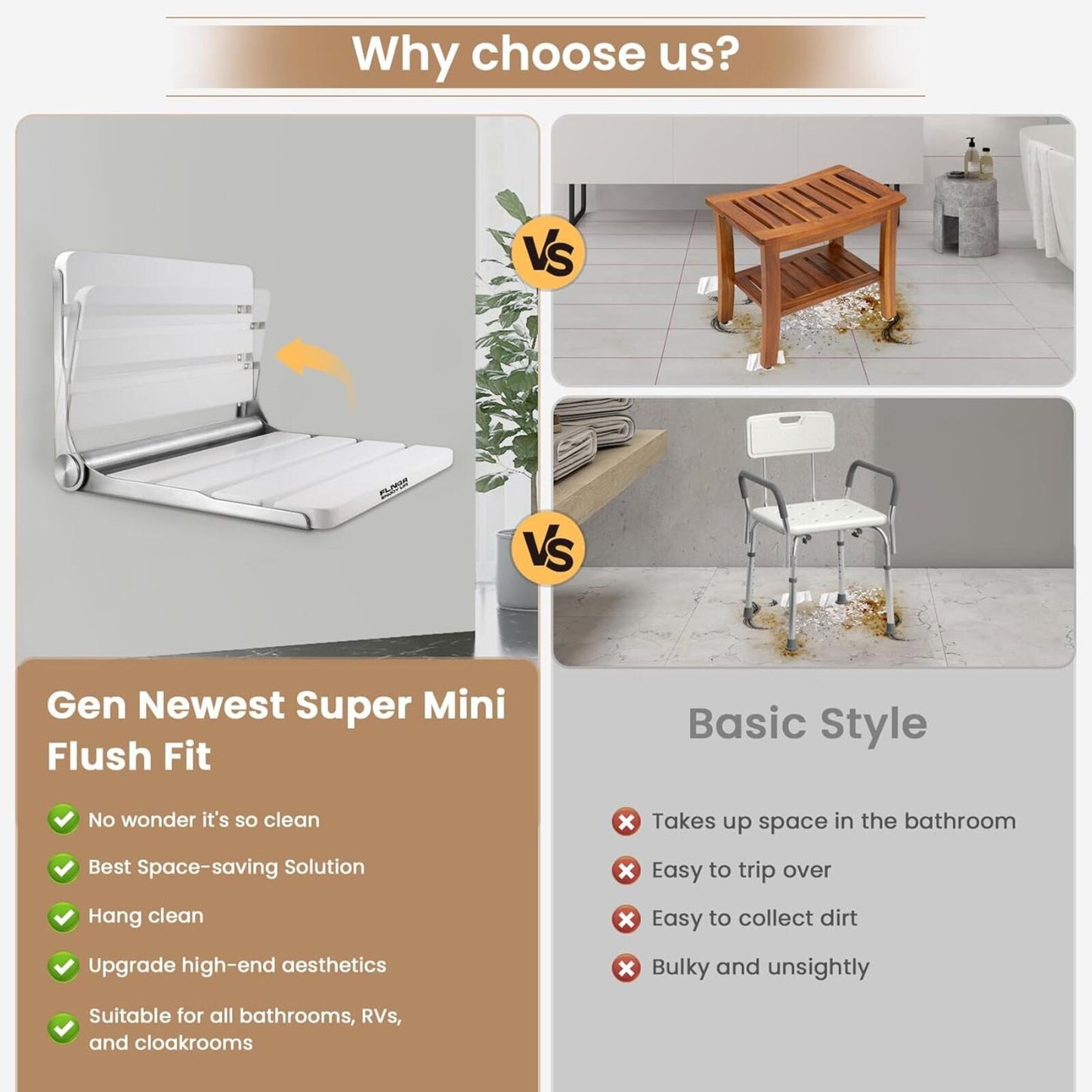 16" Foldable Wall-Mount Shower Seat Bench for Adults 400lb White