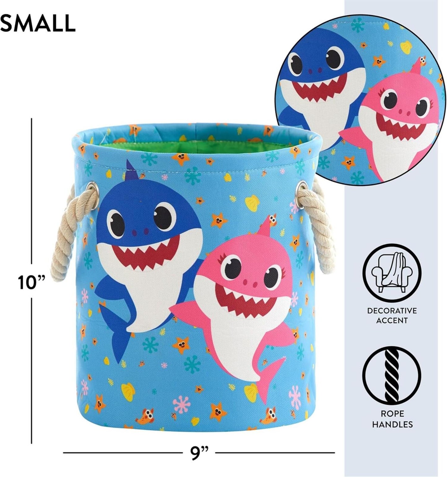 Baby Shark 3-Piece Nestable Toy Storage Baskets Multi-Size Fabric w/ Handles