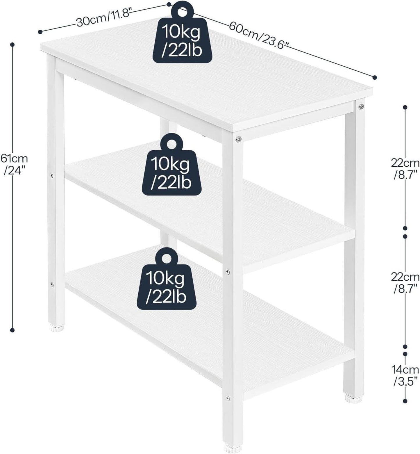 Rustic 3-Tier End Table Nightstand Narrow Side Table White