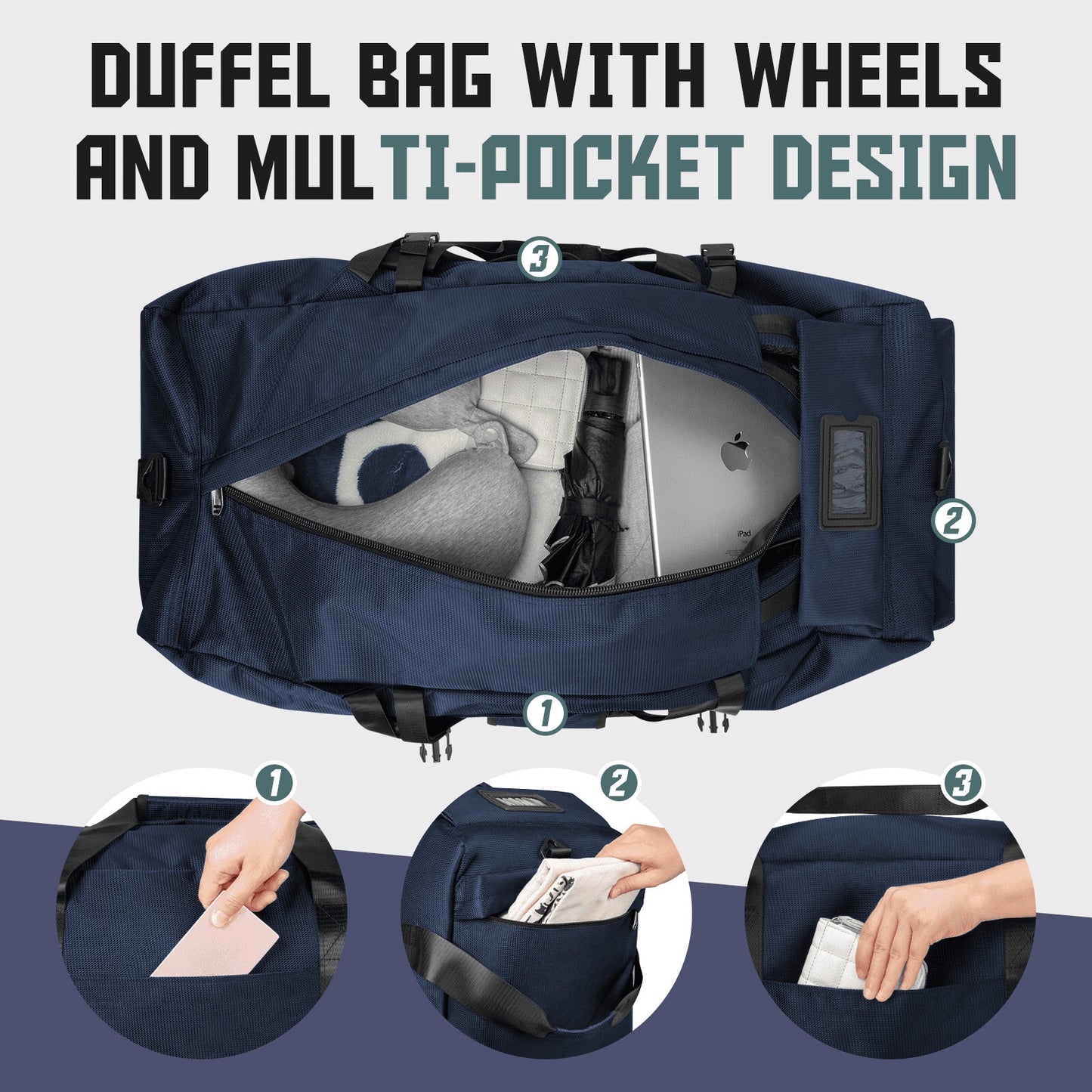 34 Inch Rolling Duffel Bag 90L Travel Camping Sports Blue
