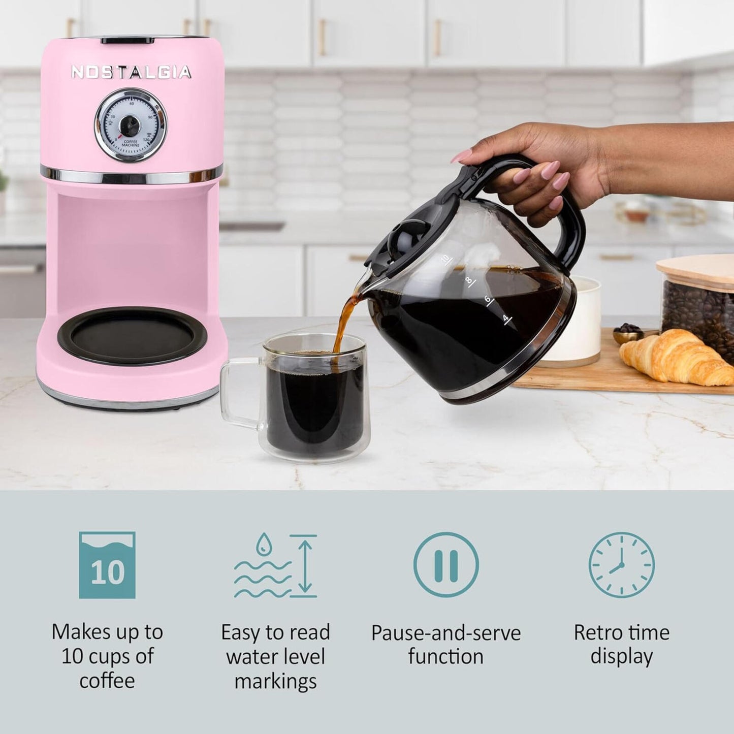 Retro 10 Cup Coffee Maker One-Touch Drip Brew Pink 50oz Carafe