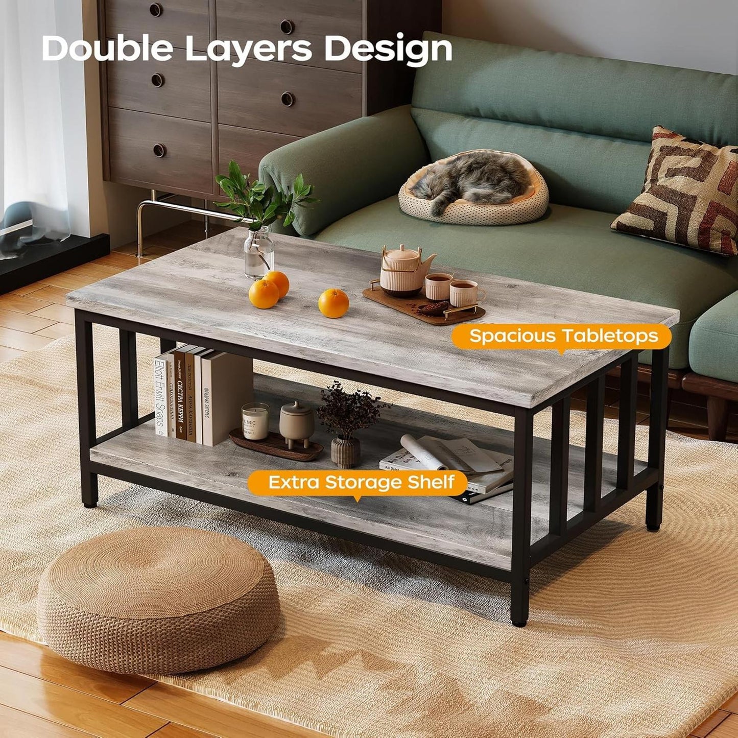 39" Grey Wash Modern Farmhouse Coffee Table with Two-Tier Storage