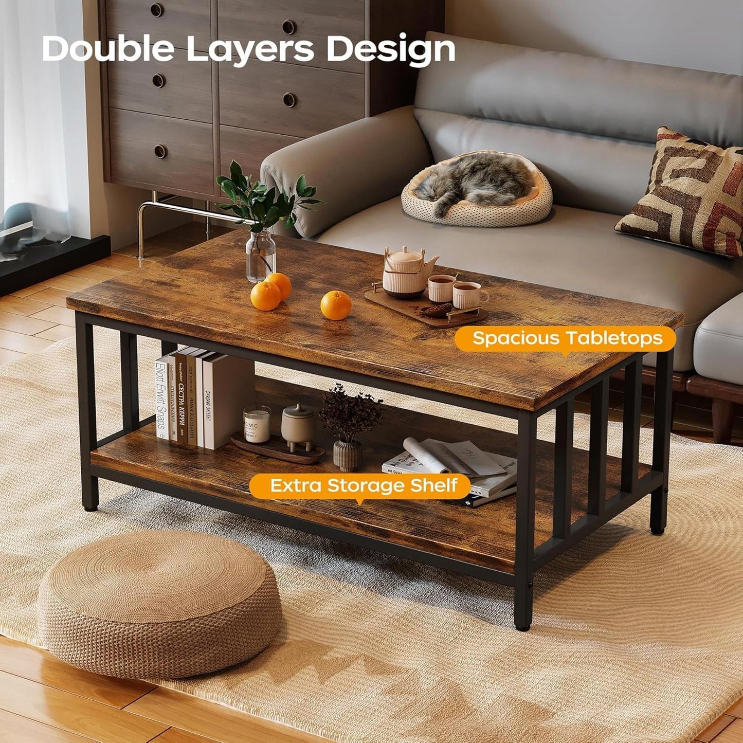 Modern Farmhouse Coffee Table 39" with 2-Tier Storage, Rustic Brown