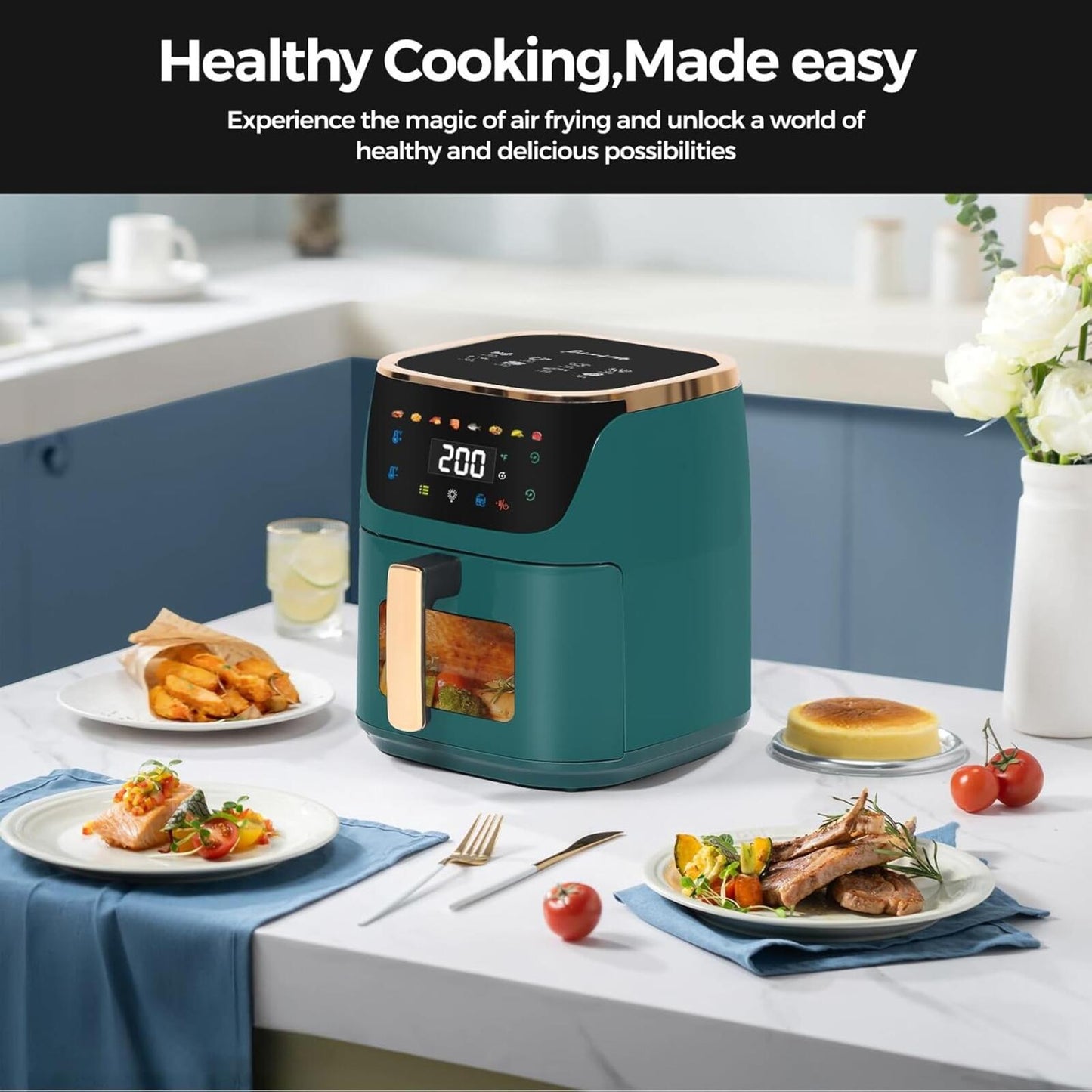 8Qt Large Air Fryer Digital Touch 8 Presets Nonstick Dishwasher Safe Green