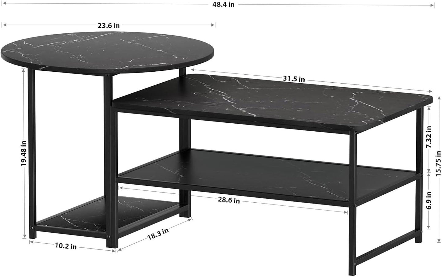2-in-1 Black Marble Coffee Table with Storage, Modern Living Room Table