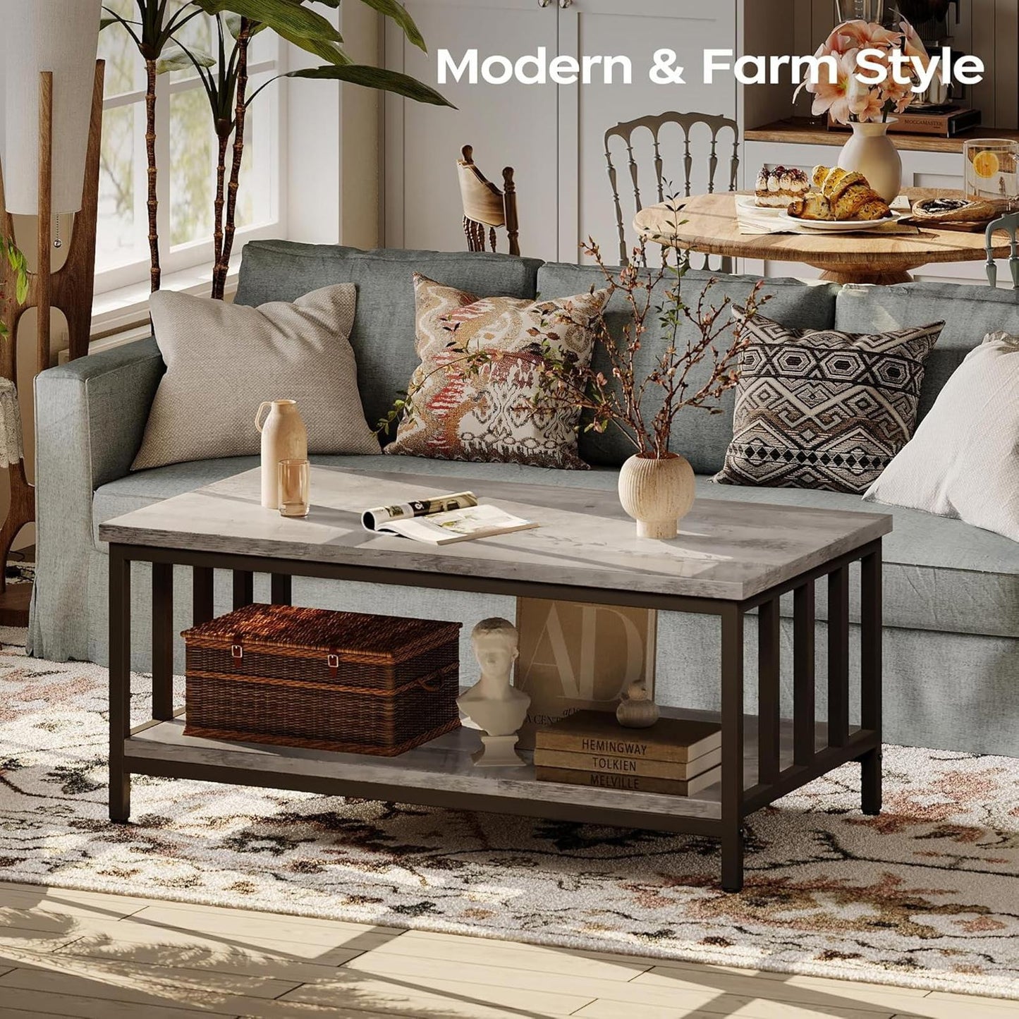 39" Grey Wash Modern Farmhouse Coffee Table with Two-Tier Storage