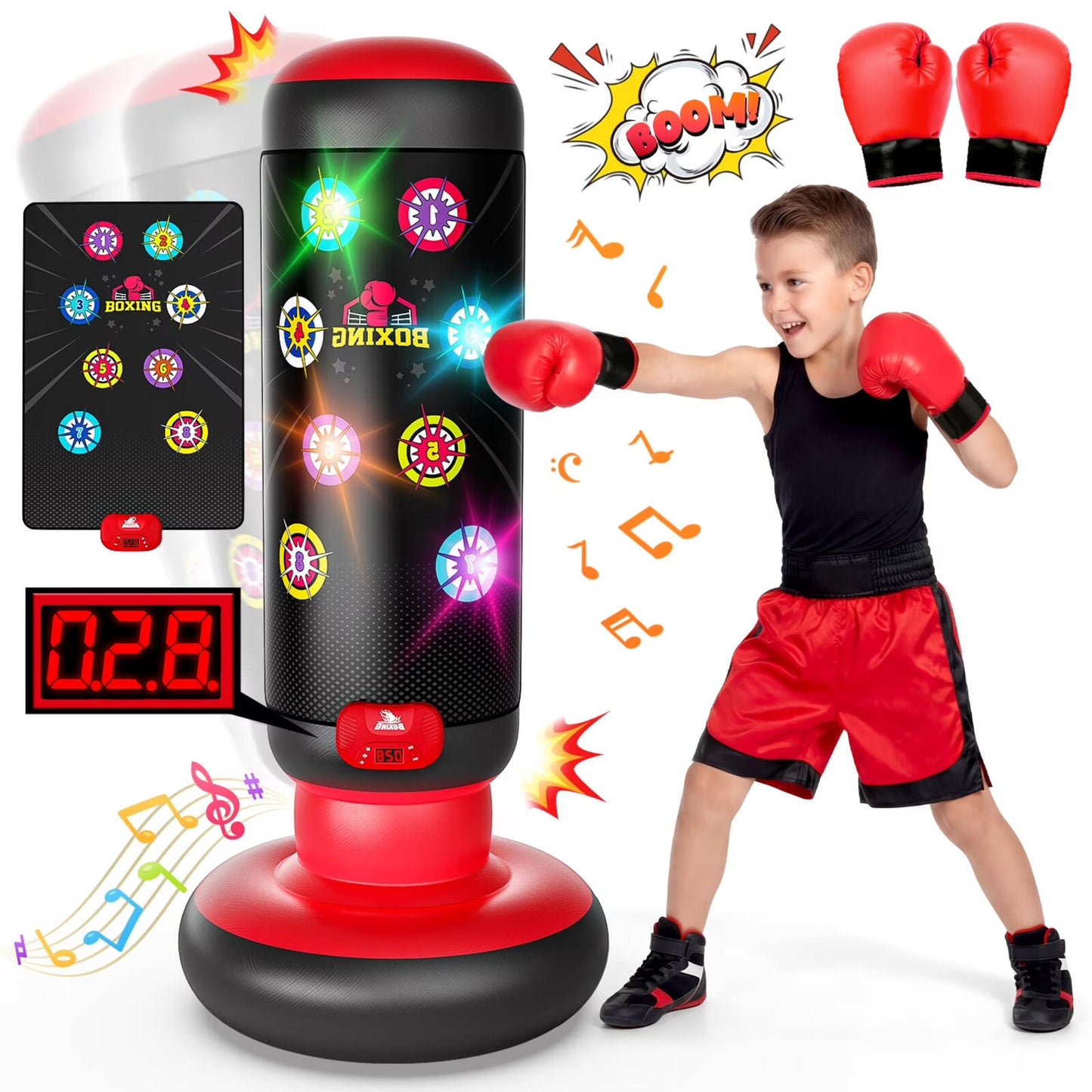 Punching Bag for Kids, 60 Inch Inflatable Boxing Bag with Gloves, 4 Game Modes,