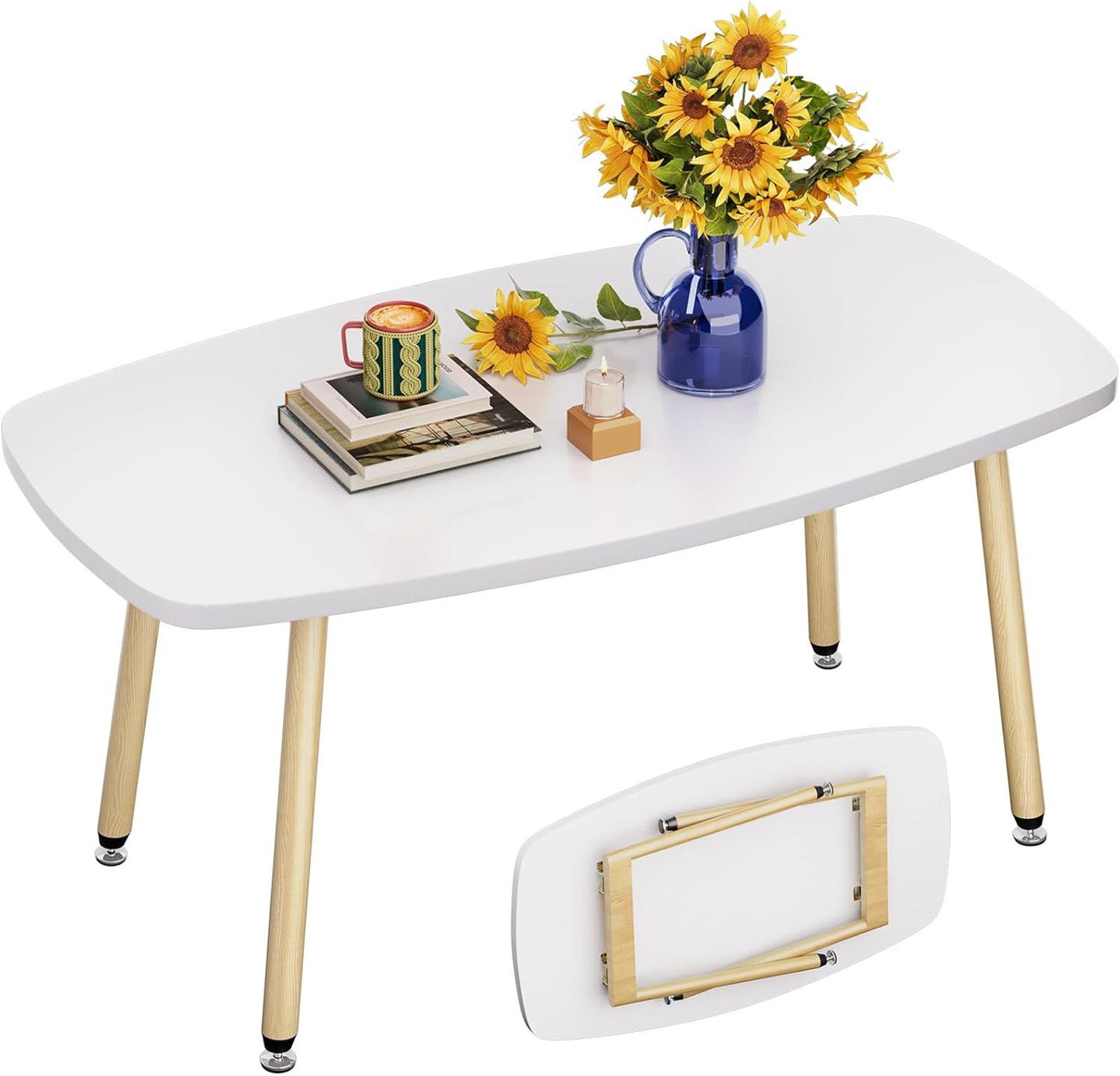 White Portable Folding Coffee Table, 39.3" Rectangular Living Room Table