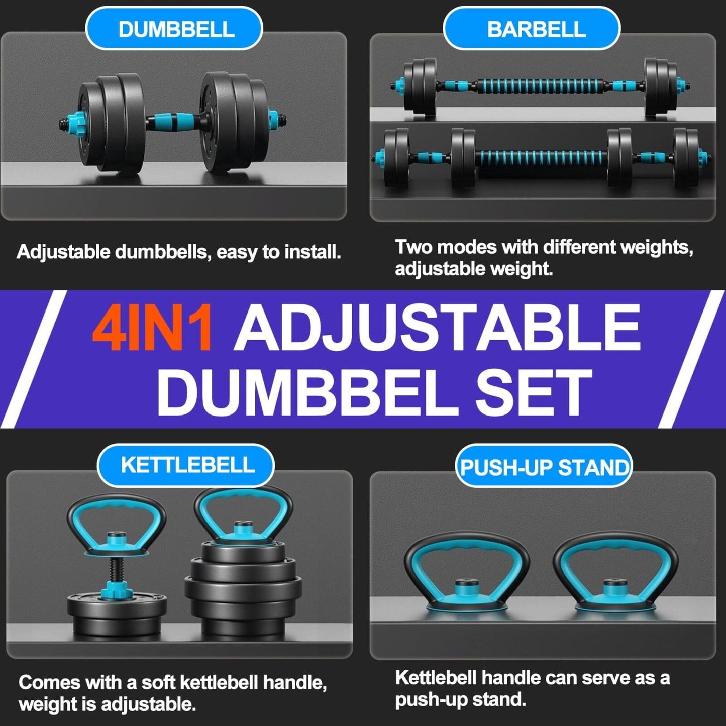 Mancuernas Ajustables, Mancuernas Portátiles 4 En 1 De 45 Lb, Kettlebells, Sopor