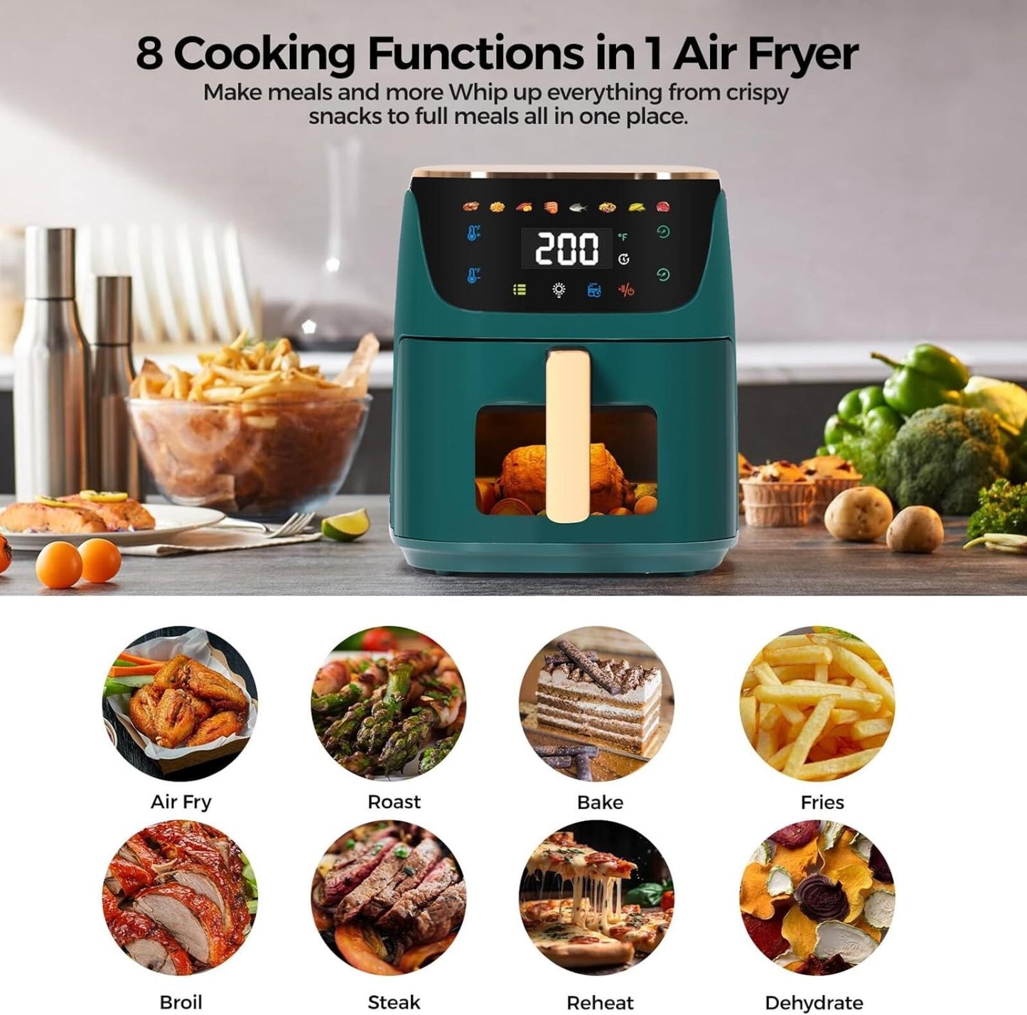 8Qt Large Air Fryer Digital Touch 8 Presets Nonstick Dishwasher Safe Green