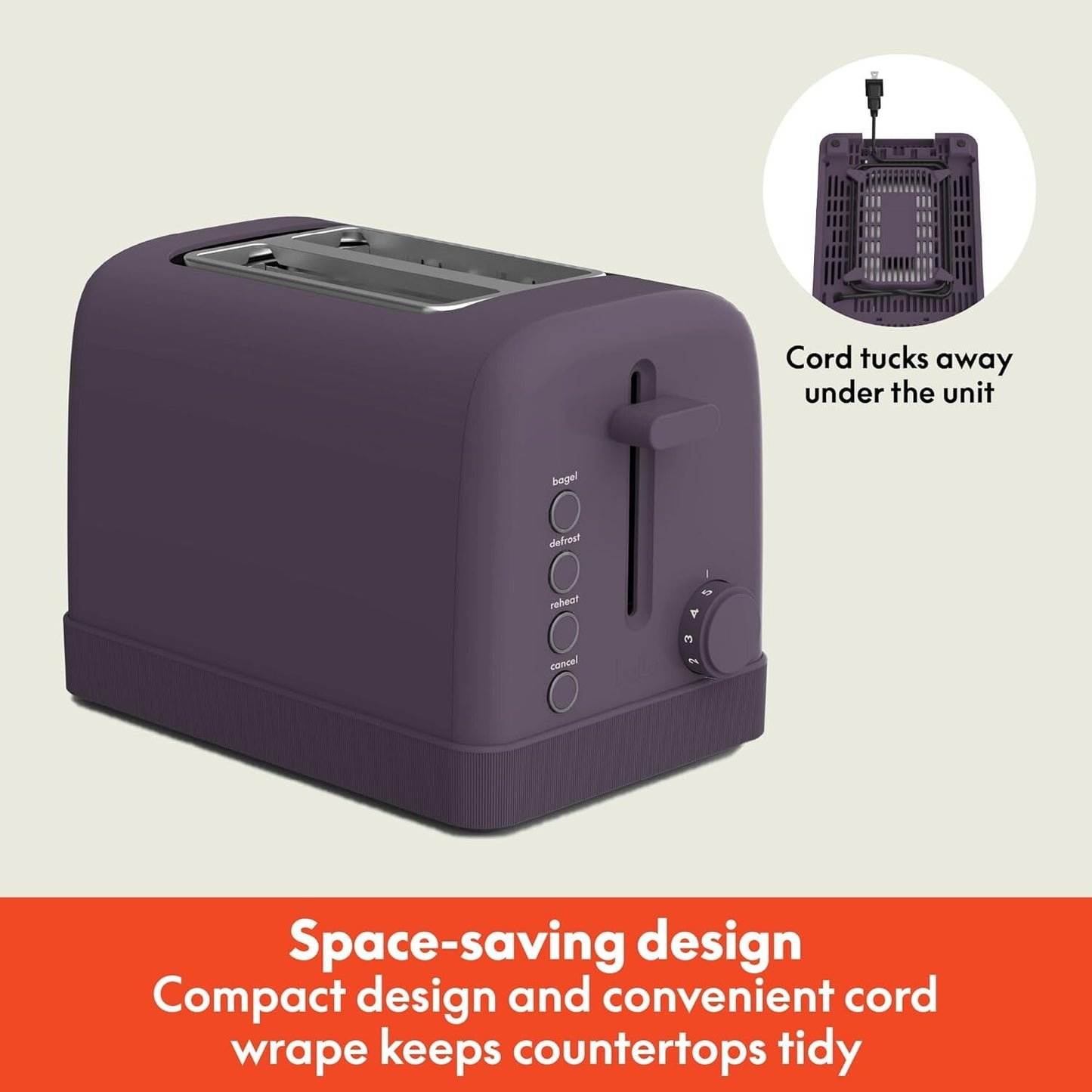 2 Slice Toaster 900W 6 Shade Bagel Crumb Tray Plum